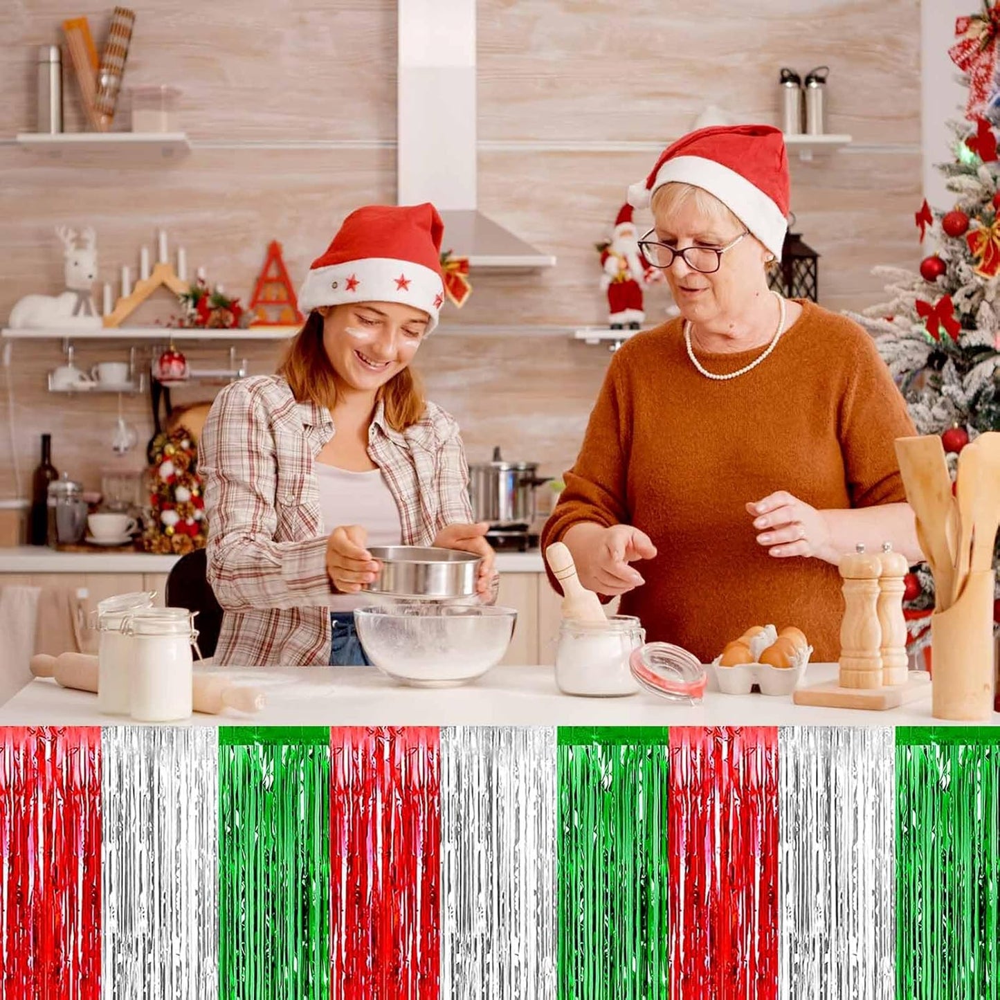 4 Pack 29x108 Inch Metallic Foil Fringe Tinsel Table Skirts for Rectangle Tables Streamer Backdrop for Wedding, Birthday, Parade Floats, Christmas, Halloween Party Decoration(Red Silver Green)