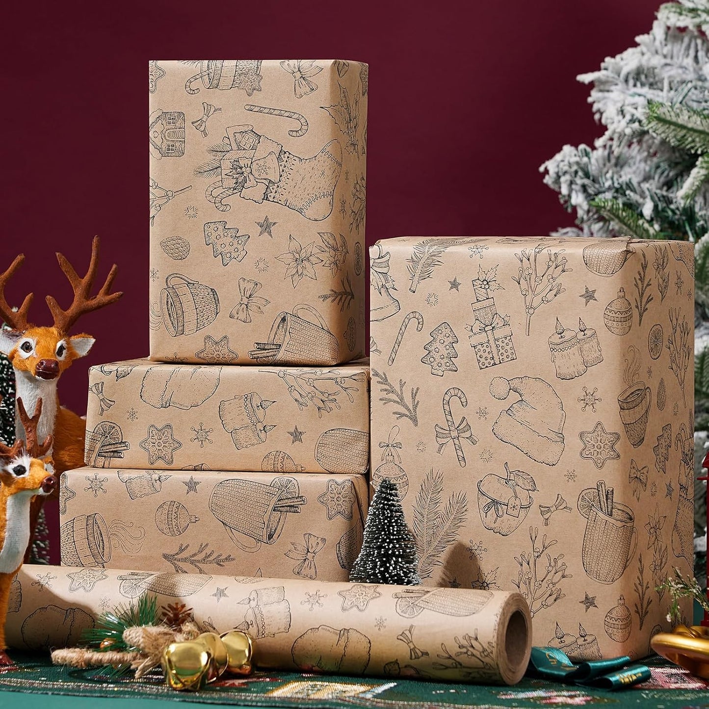 Ulmasinn Vintage Christmas Wrapping Paper Roll - Brown Kraft Paper 17" x33ft - with Cutting Line, Hand-Drawn Holiday Elements, Xmas Gift Wrap for Presents, Table Decor & Crafting