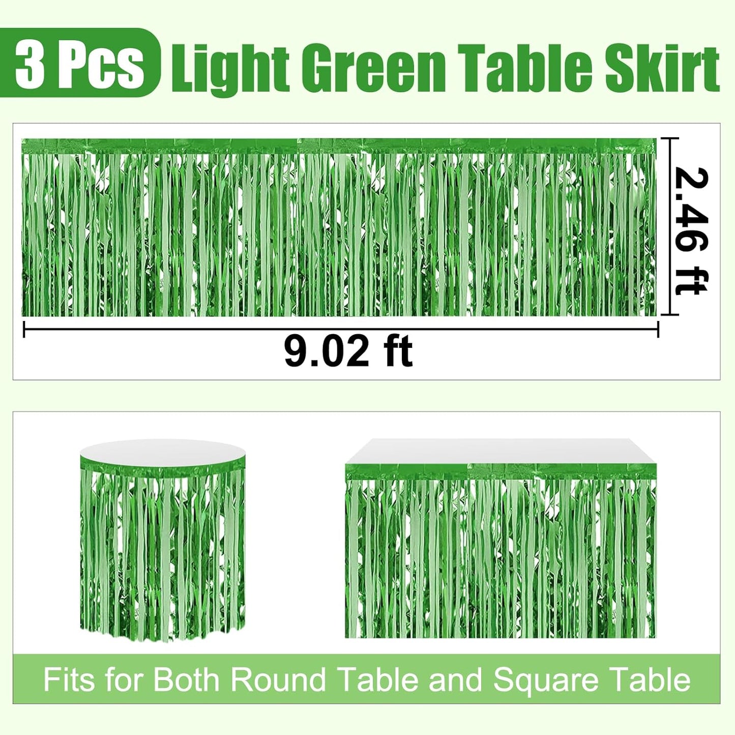 3 Pack 29 x108 Inch Light Green Foil Fringe Table Skirts Metallic Banner for Tinsel Streamer Garland Backdrop for Parade Floats Wedding Thanksgiving Birthday Christmas New Year Party Decoration