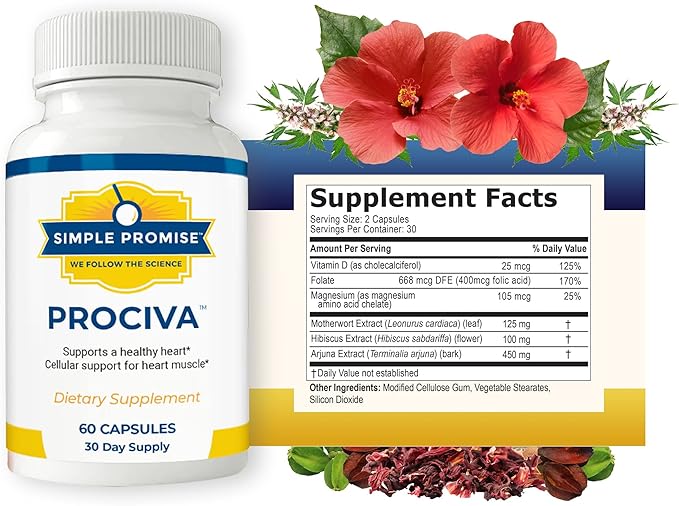 Simple Promise Prociva - Arjuna Bark Extract Heart Health Supplement with Folic Acid, Vitamin D & Magnesium - Herbal Blood Pressure Support & Healthy Heart Maintenance for Men & Women - 60 Capsules