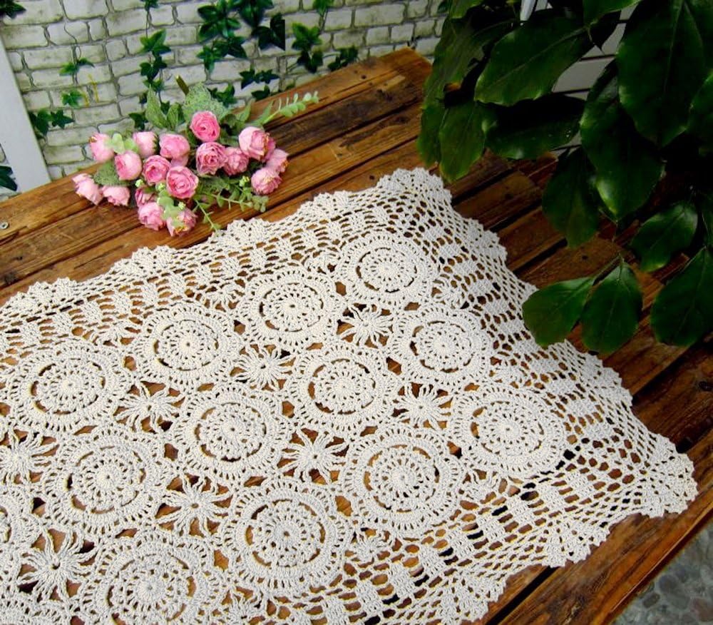Cotton Handmade Crochet lace Table Runners Rectangular Tablecloth Doilies Doily Table Dresser Scarf Décor,19x23Inch,White