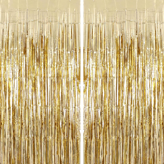 2 Pack Champagne Fringe Curtains Foil Shiny Fringe Backdrop Tinsel Door Streamers Foil Curtains for Birthday Wedding Engagement Bridal Shower Celebration Party Decorations Large