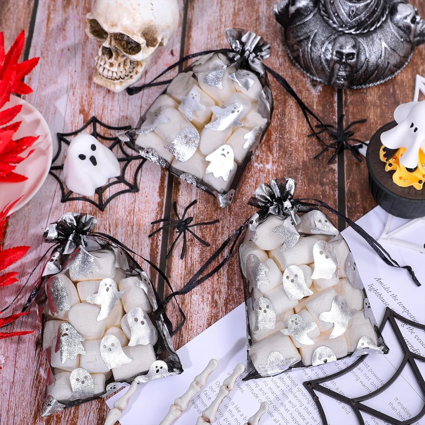Whaline 100Pcs Halloween Organza Drawstring Bags Cute Foil Silver Ghost Jewelry Gift Bag 4''x6'' Small Mesh Favor Bags for Trick or Treat Birthday Baby Shower Party Supplies