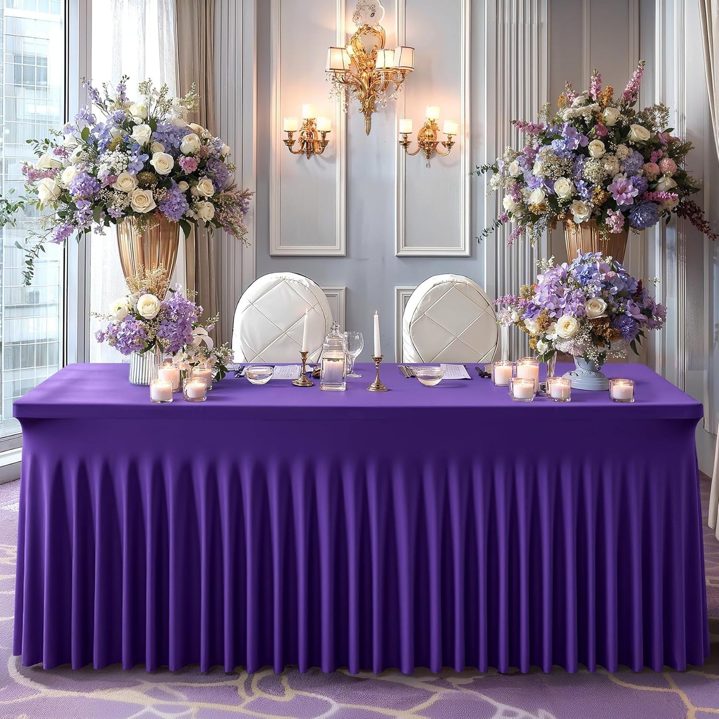 Wish Care 6 Pack Dark Purple Spandex Table Clothes for 8 Foot Rectangle Tables, 8FT Wrinkle Free Fitted Tablecloths Ruffles Design Table Cover for Party, Banquet, Wedding and Events