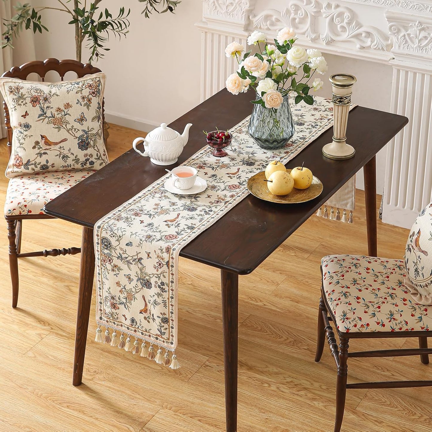 ISAENNE Designer Linen Table Runner 71 Inches Long,Elegant Floral Bird Pattern Table Runners for Dining Room,Farmhouse Rustic Kitchen Decor,Thanksgiving,Christmas,12"*71"-Cornucopia