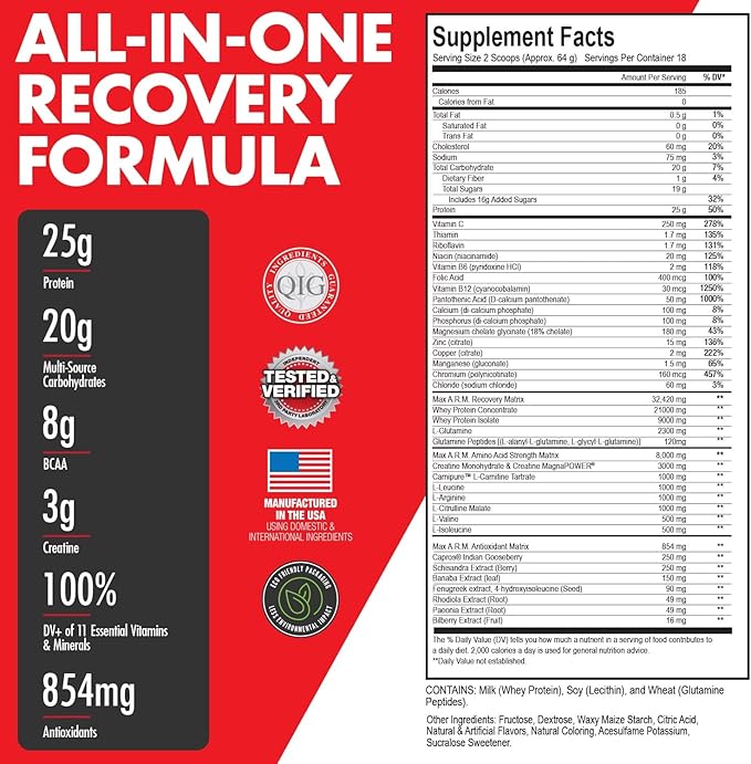 Max Muscle Arm Plus+ Anabolic Recovery Matrix | 25g Protein, 8g Bcaas, 3g Creatine Monohydrate | Whey Protein, Amino Acids, Antioxidants, Glutamine, Electrolytes (Tropical Punch, 2.54 lb)