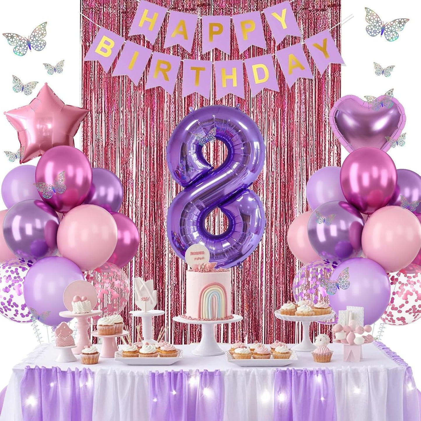 Pink Purple 8th Birthday Party Decorations for Girls Number 8 Balloon Happy Birthday Banner Butterfly Stickers Fringe Curtain Paper Pom Poms Metallic Hot Pink Star Foil Balloons 8 Year Old Princess