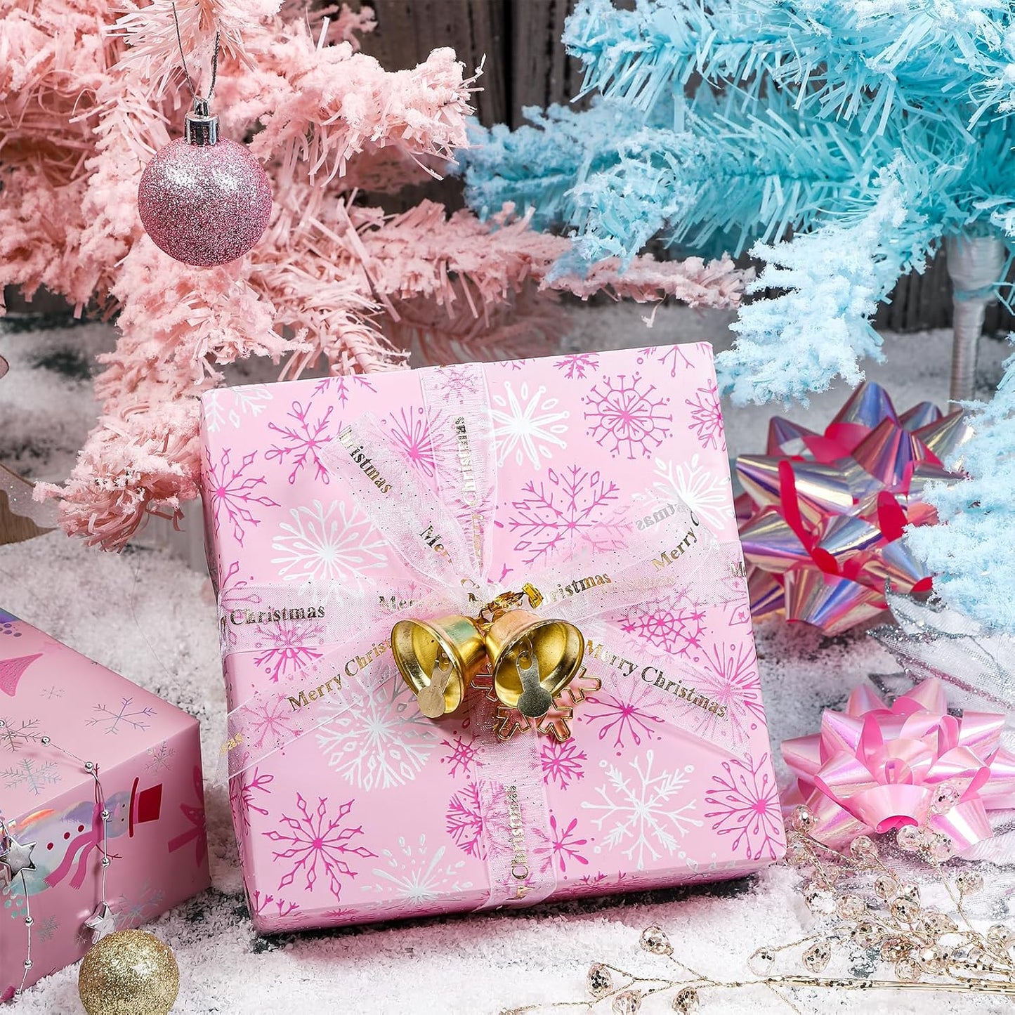 LeZakaa Christmas Pink Wrapping Paper Mini Roll, Snowman Christmas Tree & Snowflake Metallic Foil, Rose Gold Foil Reversible Design for Festive Winter Holiday, Family Gathering, 17 inches x 32.8 Feet