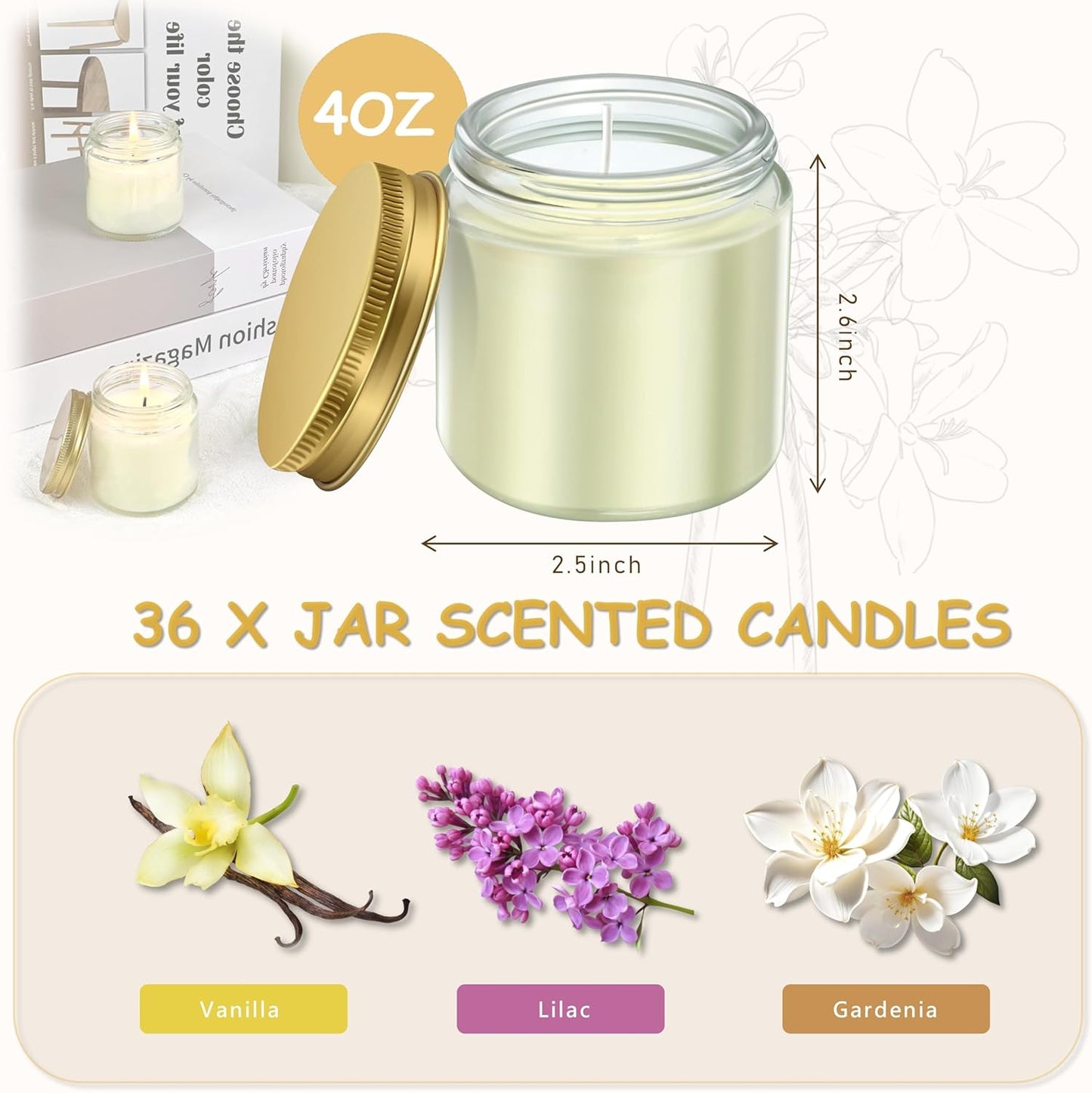 ACITHGL 36 Pcs 4oz Mini Mason Jar Candles Small Scented Candles Bulk Aromatherapy Ideal Souvenir Favors for Wedding Birthday Party (Vanilla, Lilac, Gardenia, Gold)