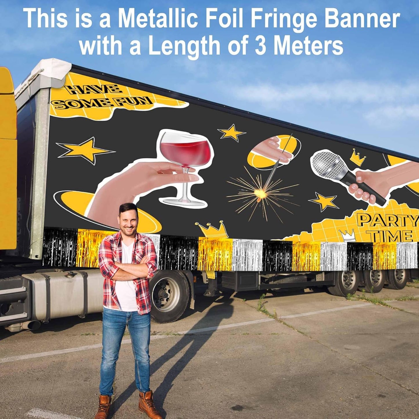 6 Pack 10 Ft Black Gold Silver Foil Fringe Garland Metallic Streamers Tinsel Banner Wall Hanging Garland Backdrop for Parade Floats, Halloween, Christmas, Thanksgiving, New Year Party Decorations