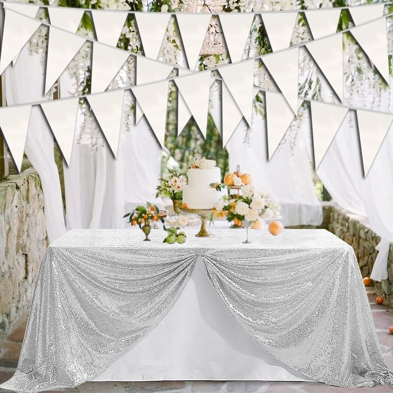 40M/130FT White Triangle Pennant Banner Flag Metallic Fabric Bunting Garland for Christmas Graduation Wedding Engagement Anniversary Bachelorette Birthday Bridal Shower Valentines Hen Party Supplies