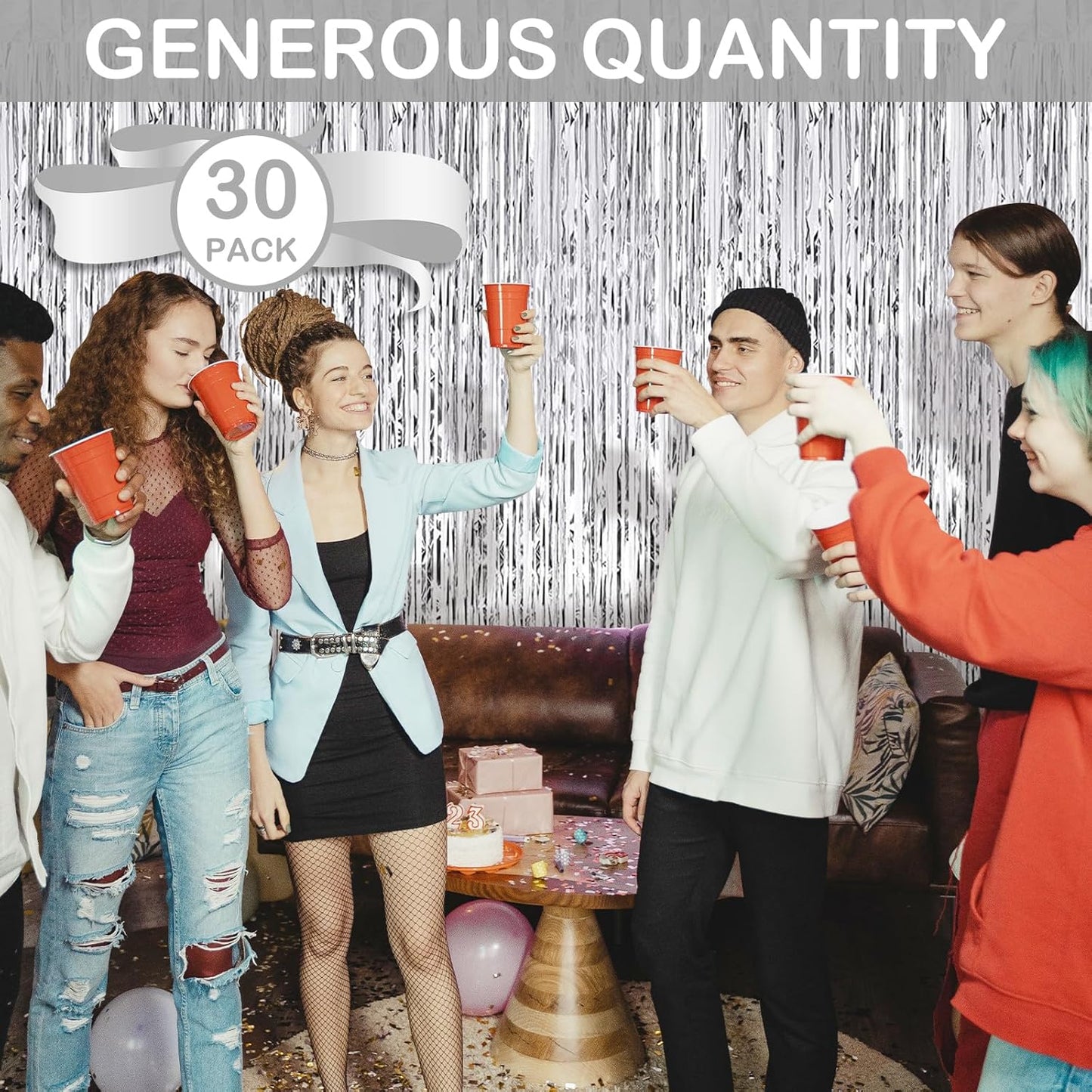 30 Pack Silver Foil Fringe Curtain Backdrop, 3.3x8.2 Feet Metallic Tinsel Streamer Curtains Photo Booth Props for Birthday/Wedding/Bachelorette/Baby Shower/Christmas/New Year/Disco Party Decorations