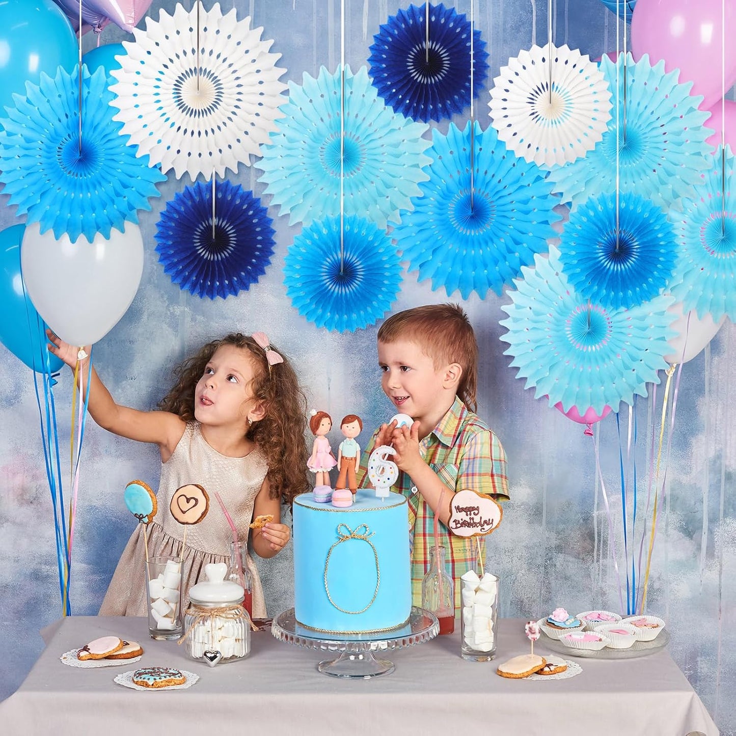 Outus 12 Pcs Hanging Honeycomb Paper Fans Sets, Fiesta Blue and White Party Decorations, Tissue Paper Flowers Supplies for Birthday Wall Classroom Wedding Bridal Photo Backdrop (8/14 Inch)