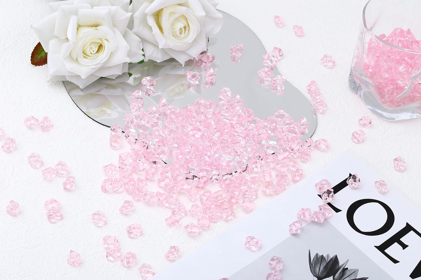 LAIDANLA 500PCS Pink Acrylic Gems Fake Ice Cubes Pink Vase Fillers Plastic Diamonds Fake Crushed Rocks for Centerpiece DIY Party Table Scatter Prop Wedding Decoration Accessories