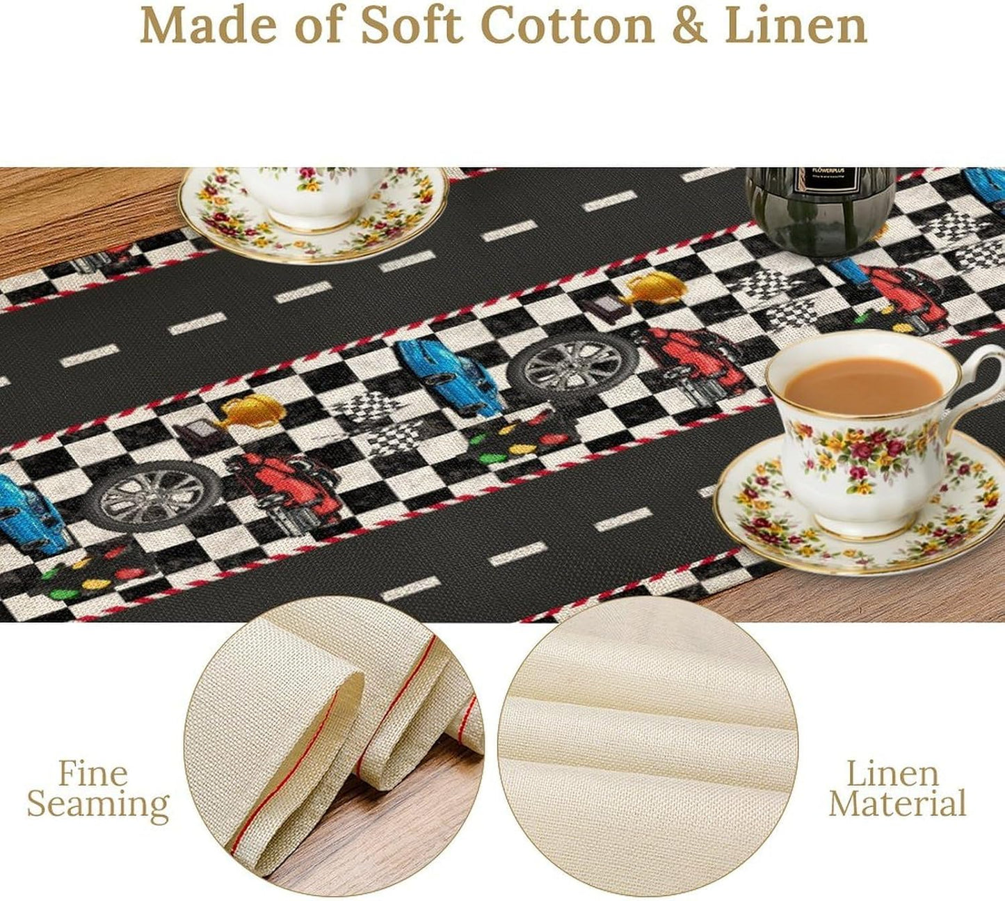 Race Car Table Runner,Checkered Flag Black and White Race Cars Pattern Print Tablecloth Burlap for Hotel Indoors Outdoor Dining Room Kitchen Home Decor,W13X L90 in
