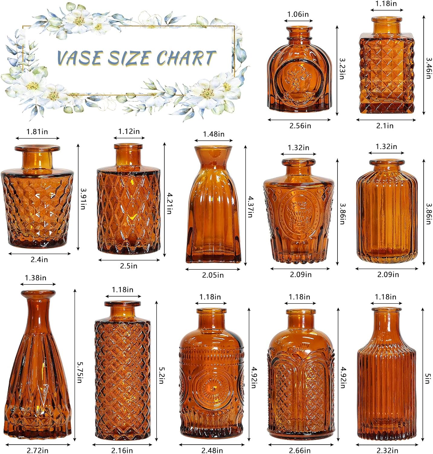 12Pcs Glass Bud Vase Set, Small Dark Brown Flower Vase for Centerpieces, Bud Vases in Bulk, Mini Vintage Vase for Rustic Wedding Decorations（Amber）