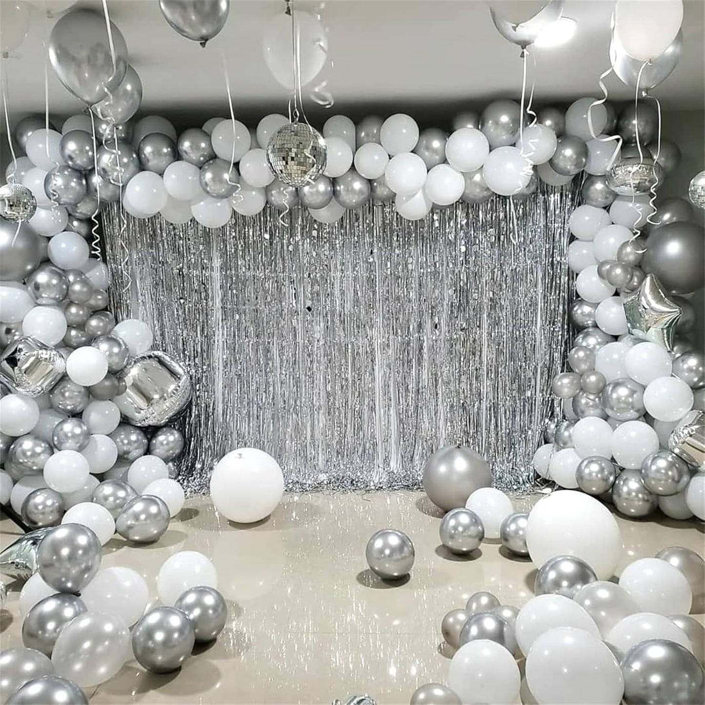 Silver and White Balloons, 12 Inch Metallic Silver White Latex Balloons Set Decor with Silver Confetti Helium Balloons for Boys Girls Birthday Party Baby Shower Wedding Graduation Party Decorations