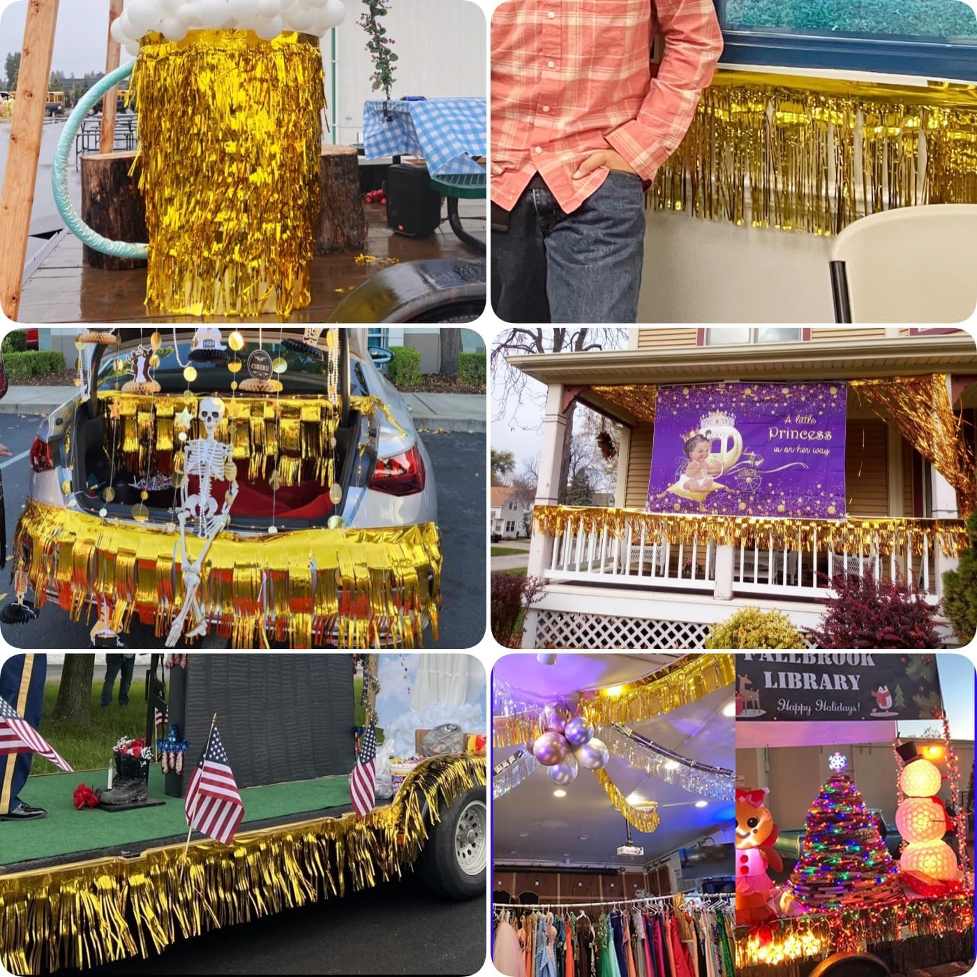 4 Pack Total 40 Feet Foil Fringe Garland Metallic Wall Hanging Drapes Tassel Skirting Tinsel Streamers Decorations for Parade Float Trailer Mardi Gras Party Birthday Wedding (Gold)