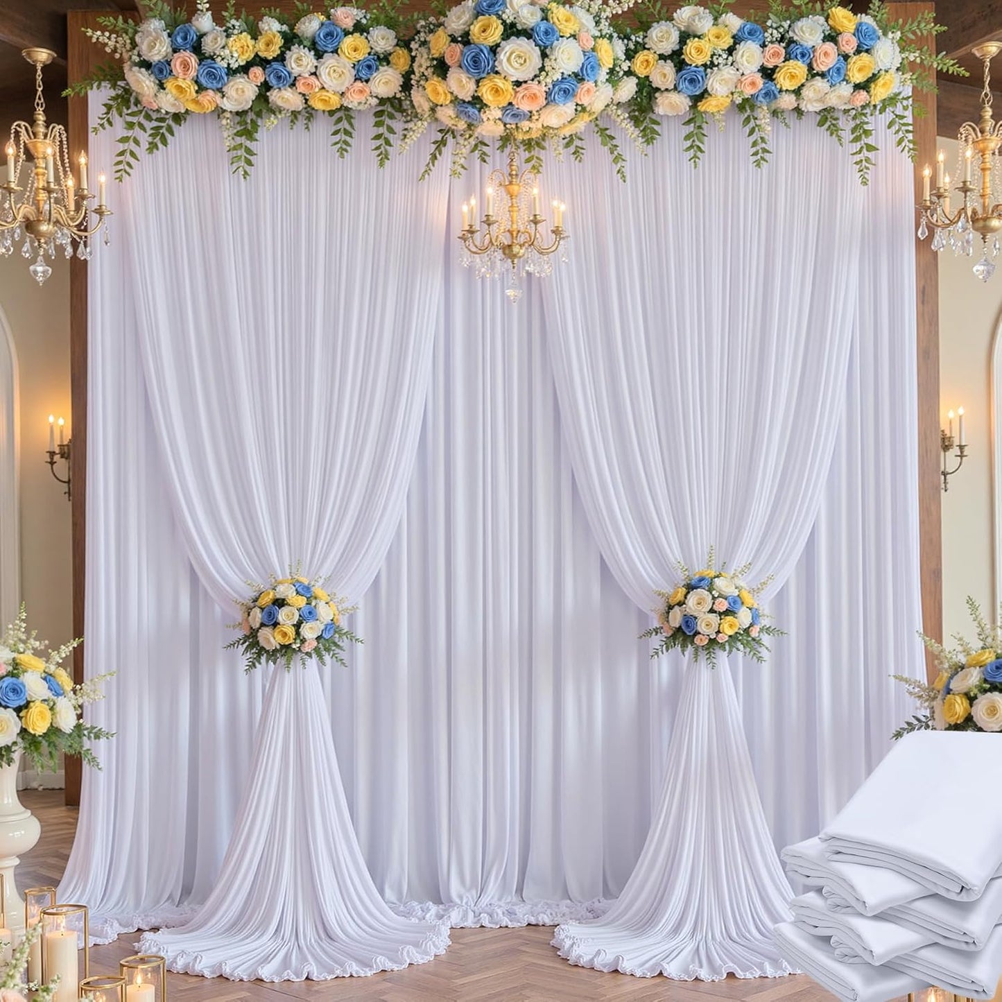 30×14 ft White Wrinkle Free Backdrop Curtain, Soft Silky Polyester Wedding Drapes 6 Panels 14ft Height Photo Backdrop Curtains for Parties Birthday Baby Shower Photography Background Cloth