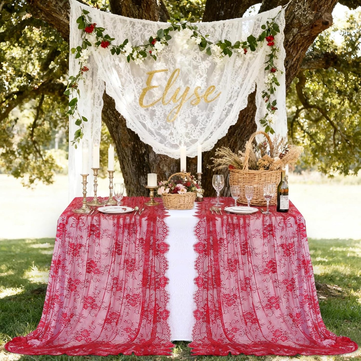 LuoluoHouse Christmas Lace Tablecloth 6pcs Rose Floral Table Fabric 60x120 Inch for Rustic Theme Party Wedding Decoration Rectangle Overlay Long Embroidered Reception Table Cloth Decor