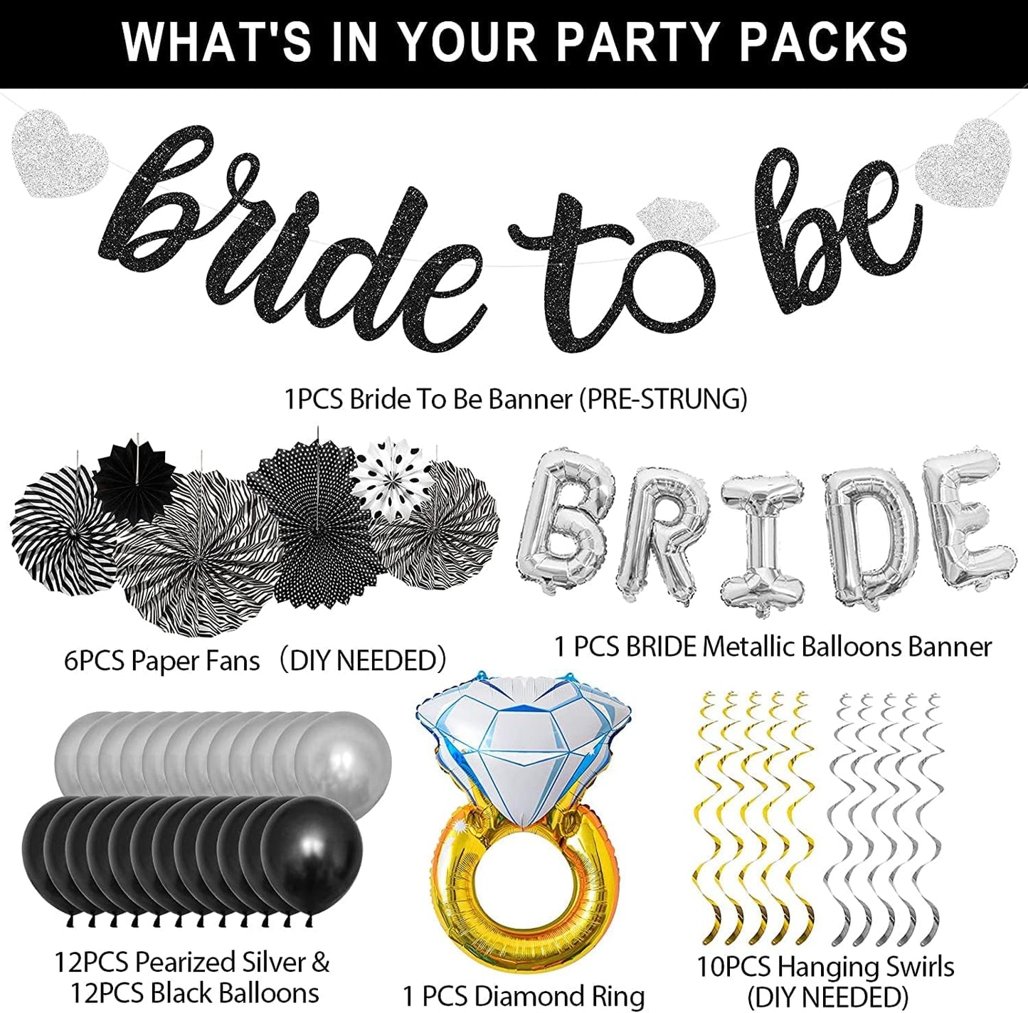 Black Silver Party Decorations - Bridal Shower Decorations Set Bachelorette Party Supplies with Bride to Be Banner,Bride Foil Balloon,Diamond Ring Foil Balloon,Paper Fan Hanging Swirl