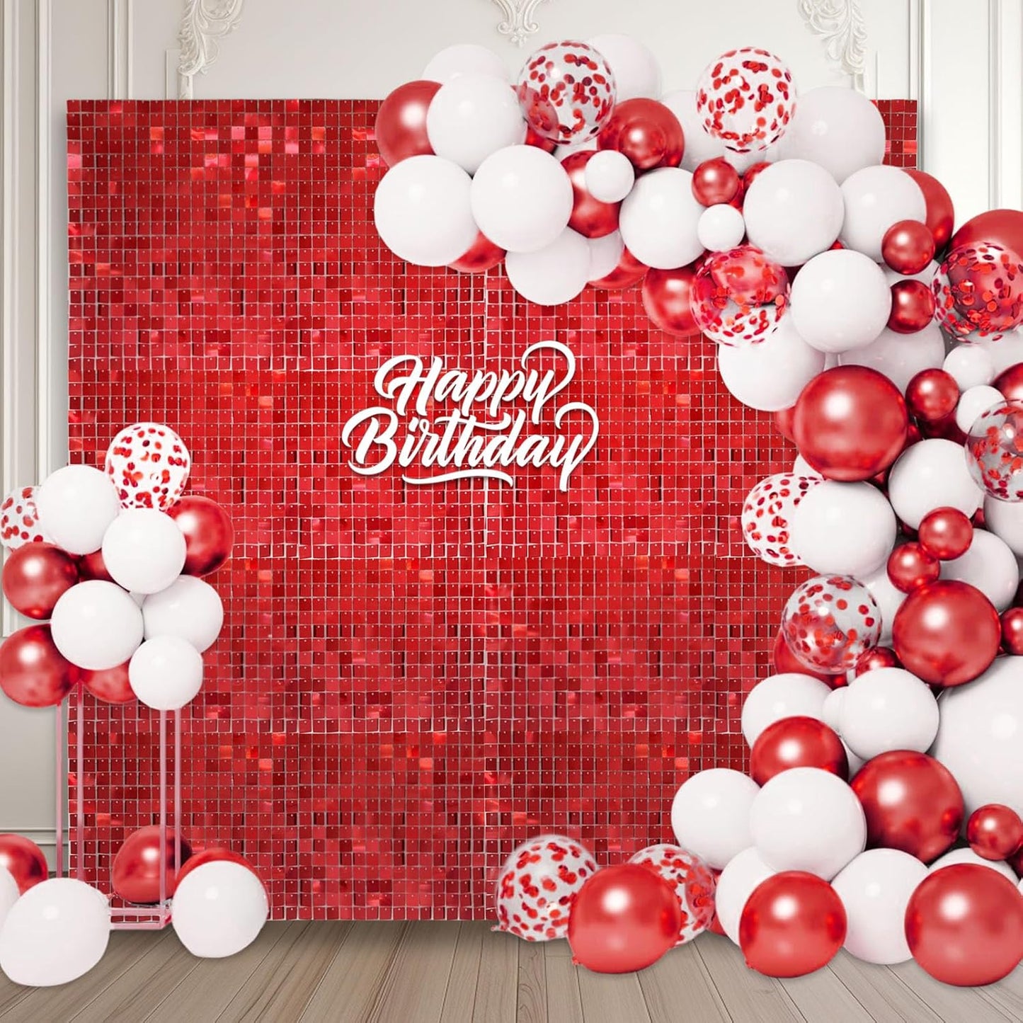 24PCS Red Shimmer Wall Backdrop, Square Sequin Backdrops Panel, Glitter Wall Background for Birthdays, Weddings, Christmas, Engagements, Disco Bachelorette Party Decoration (4FTx6FT)