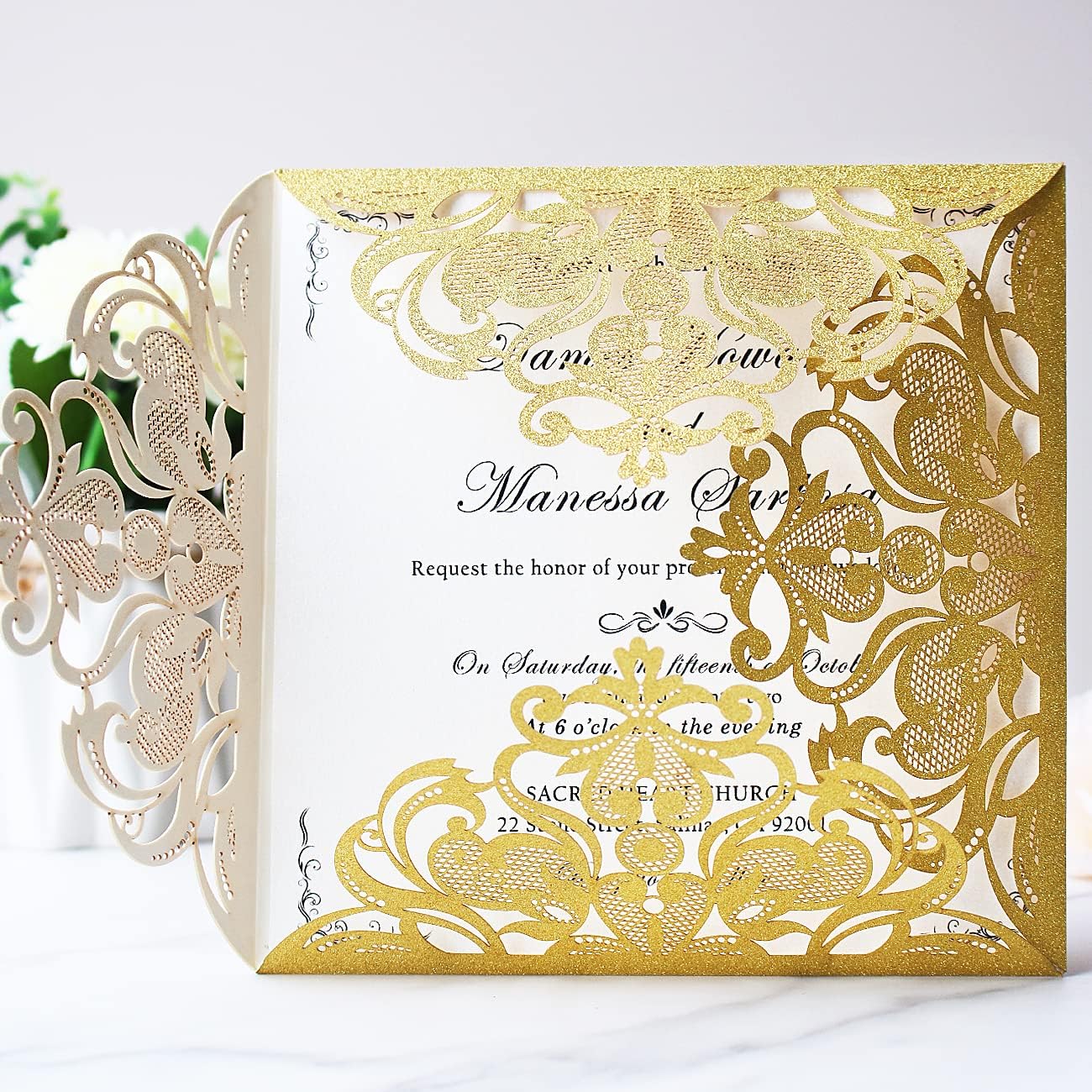 Hosmsua 50PCS Personalized Gold Laser Cut Wedding invitation Cards With Envelopes 6.3 x 6.3 Inch Hollow Lace Rose Invitation Pocket for Engagement Wedding Bridal Shower Invite (Gold Glitter)