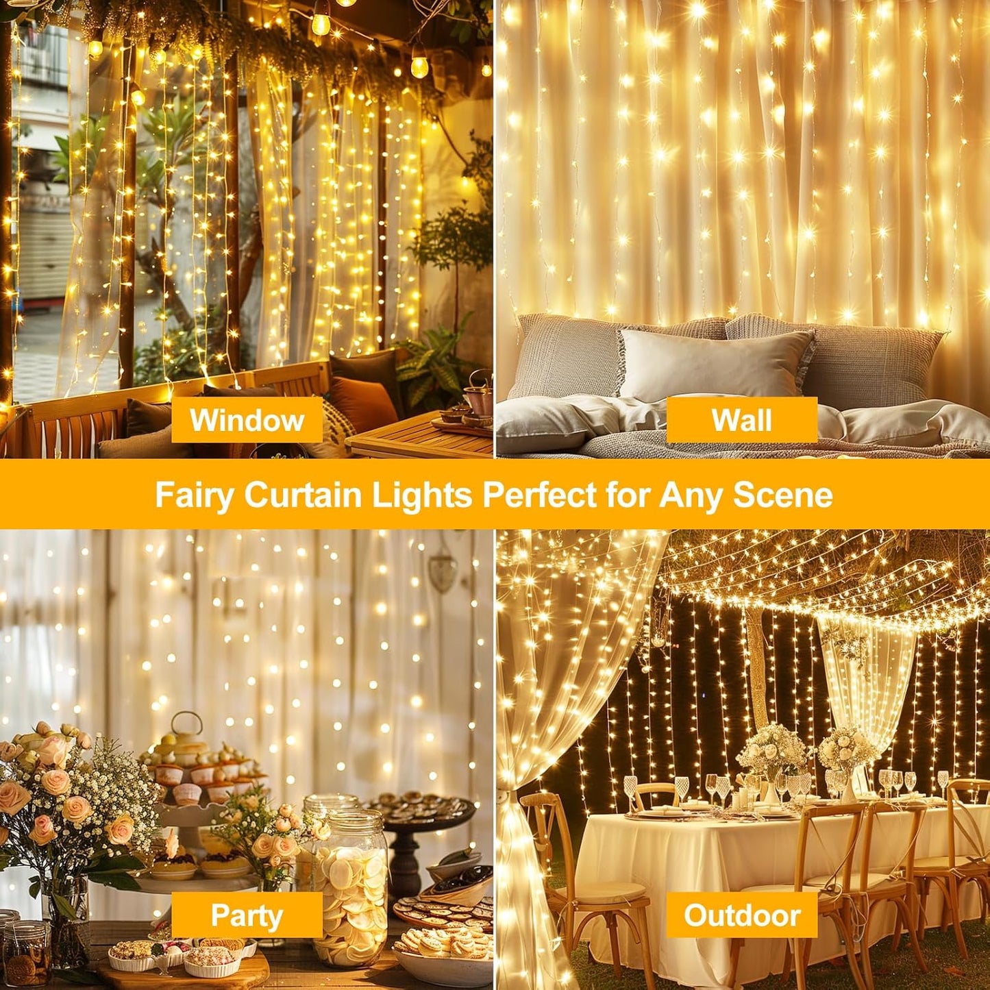 Fairy Curtain Lights Upgraded Tangle-Free Warm White USB Plug in 8 Modes String Hanging Lights with Remote for Christmas, Bedroom, Indoor, Outdoor, Weddings, Party (10FTx8.2FT)