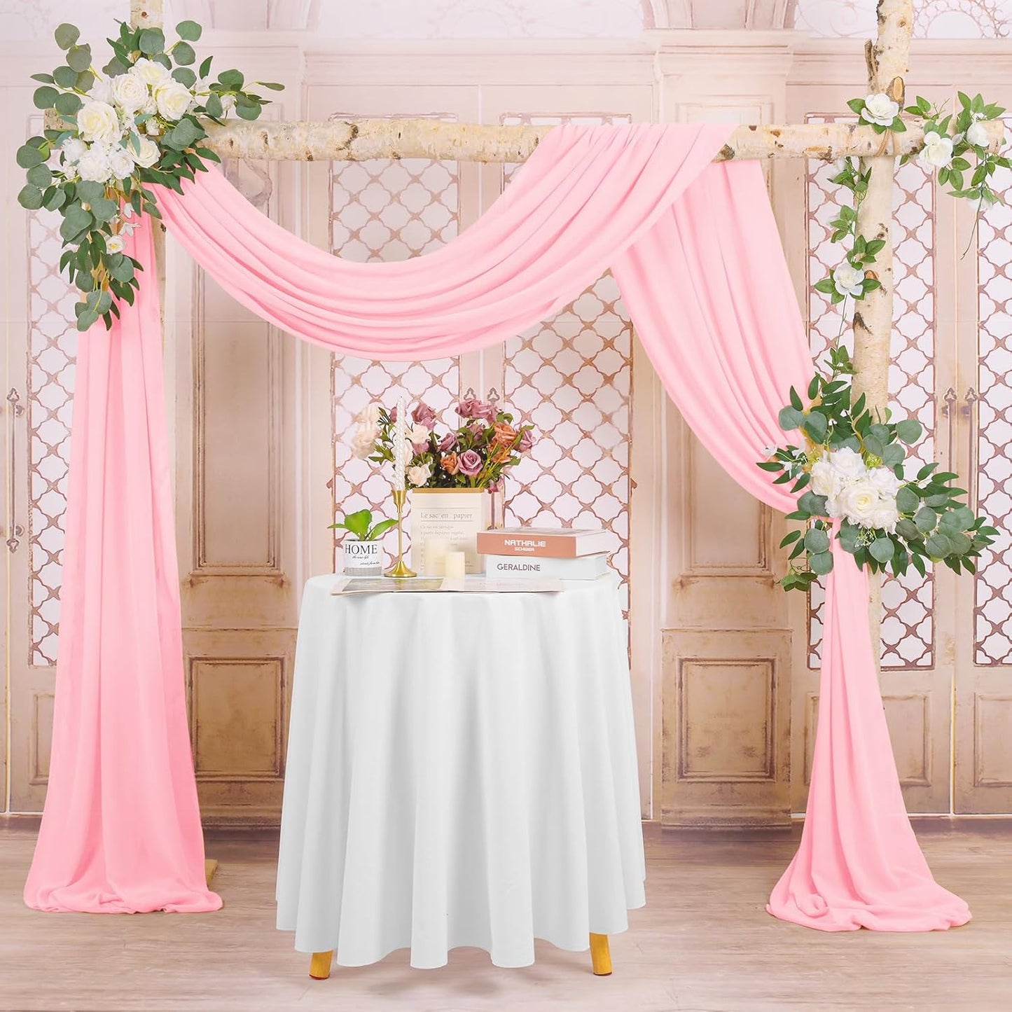 Wedding Arch Draping Fabric, 1 Panels 28" x20ft Pink Sheer Chiffon Curtain Drapes for Wedding Drapes Sheer Backdrop Curtains for Wedding Ceremony Reception Party Decoration