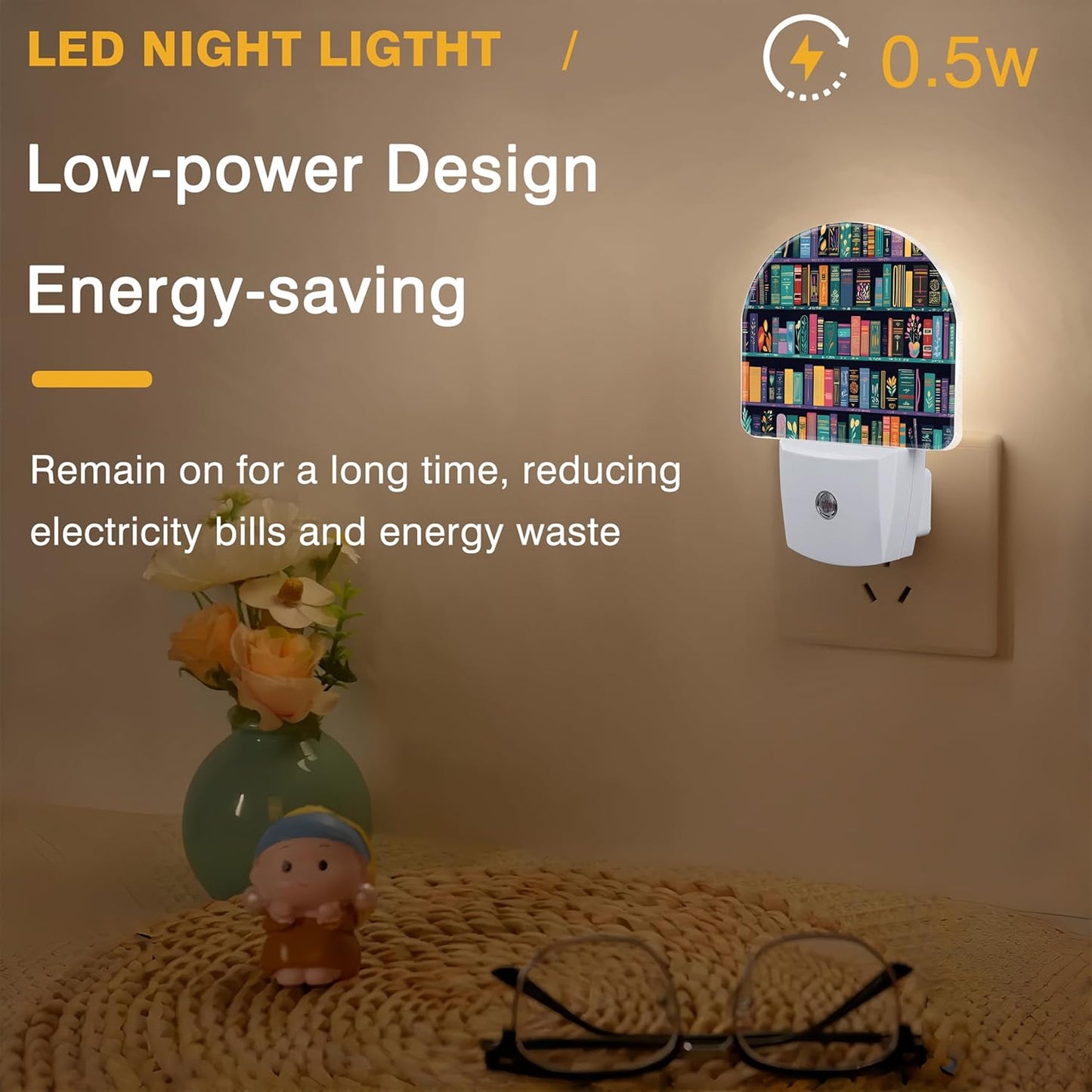 Book Night Light, Bookshelves Night Lights Plug into Wall Dusk to Dawn Sensor Round Nightlight for Women Men Energy Efficient Led Lamp 0.5W for Stairway Hallway Bedroom