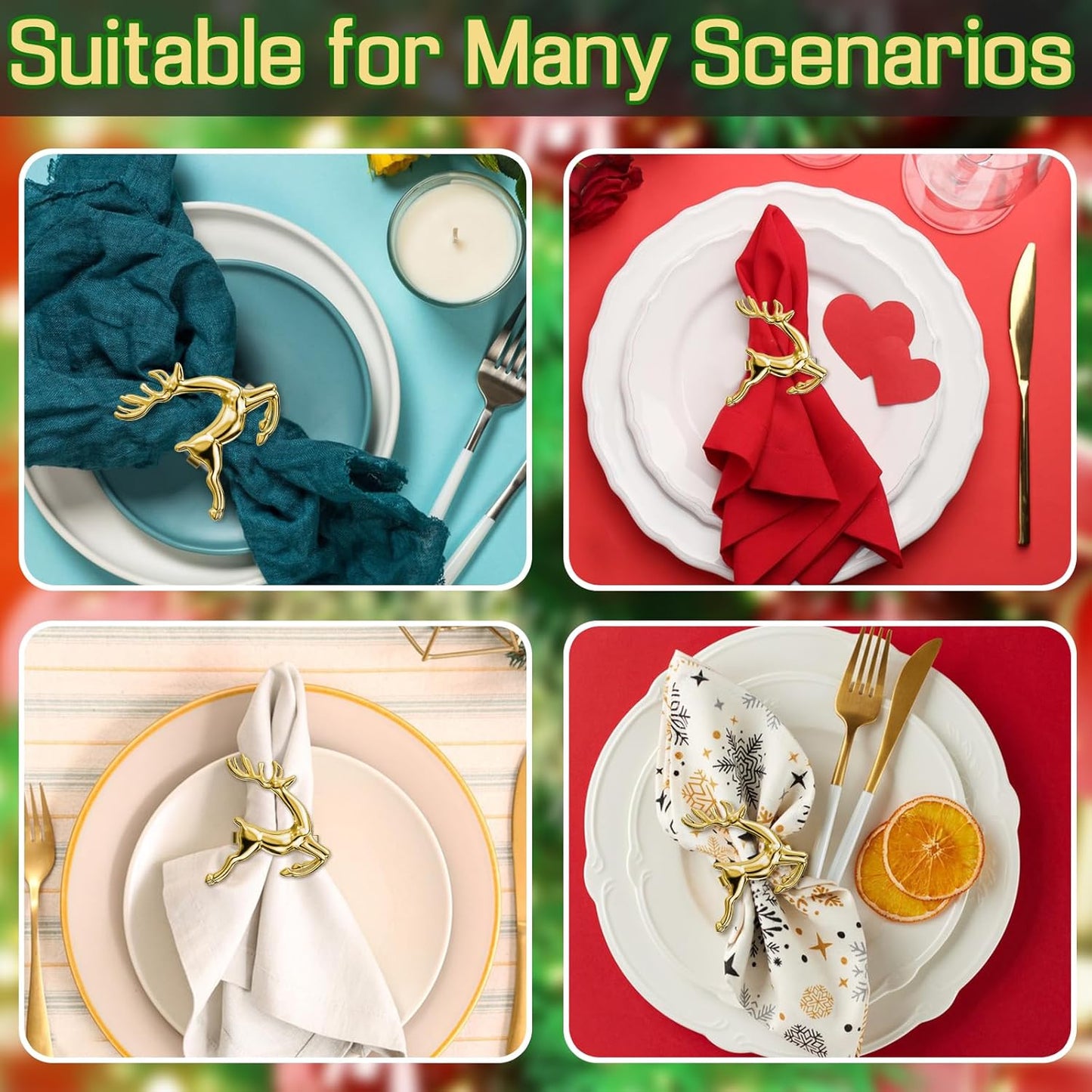 ZeeDix Gold Reindeer Christmas Napkin Rings Set of 24, Napkin Holder Ring for Christmas Dinner Table Decor Cloth Napkins, Wedding Receptions, Holiday Party, Banquet and Home Kitchen