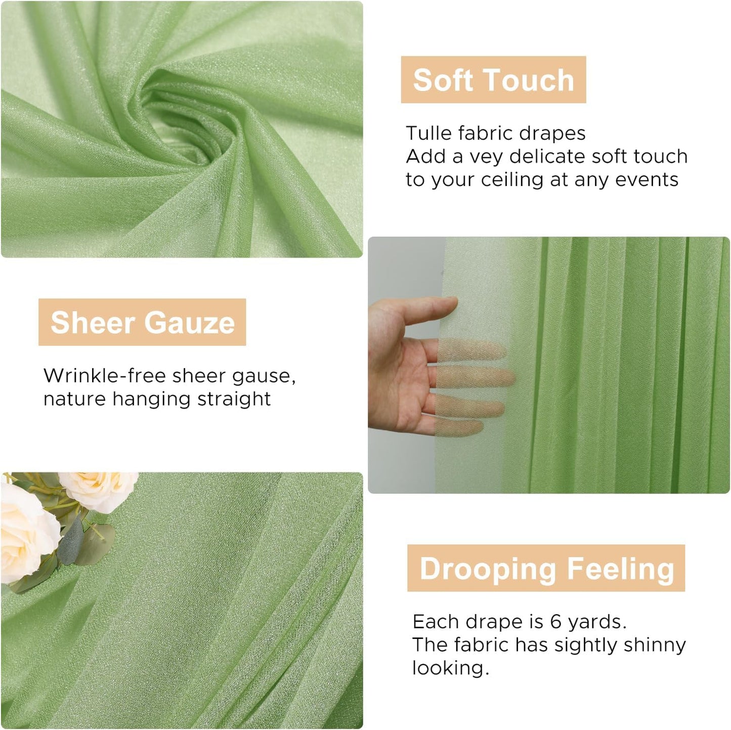 Wokceer Wedding Arch Draping Fabric 2 Panels 28.7" x 20FT Sage Green Drapes Sheer Fabric Backdrop Arch Draping Fabric for Wedding Ceremony Birthday Party Bridal Shower Decoration