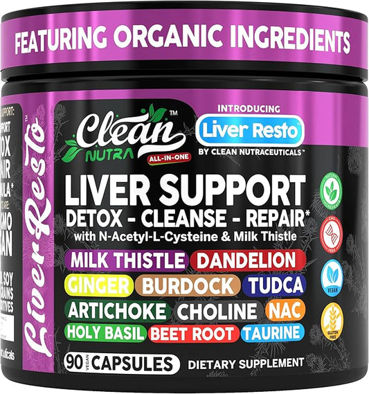 Clean Nutra Liver Cleanse Detox & Repair Supplement Milk Thistle, NAC, TUDCA, Dandelion Root, Artichoke, Choline, Ginger, Beet Root, Burdock, Taurine, Liver Resto 90 Capsules