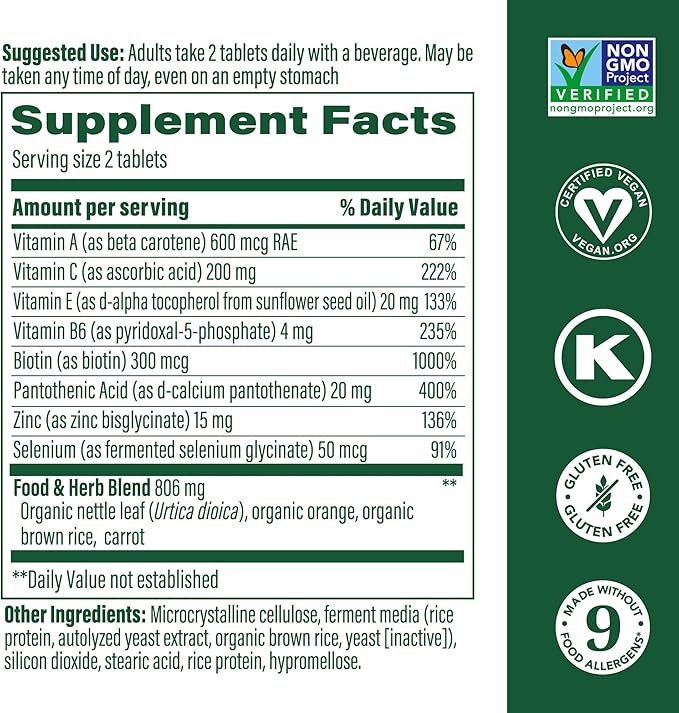 MegaFood Skin, Nails & Hair 2 - Vitamins for Women & Men - Biotin, Vitamin A, C, Zinc, B6, E, Pantothenic Acid - Vegan - Made Without 9 Food Allergens - 60 Tabs (30 Servings)