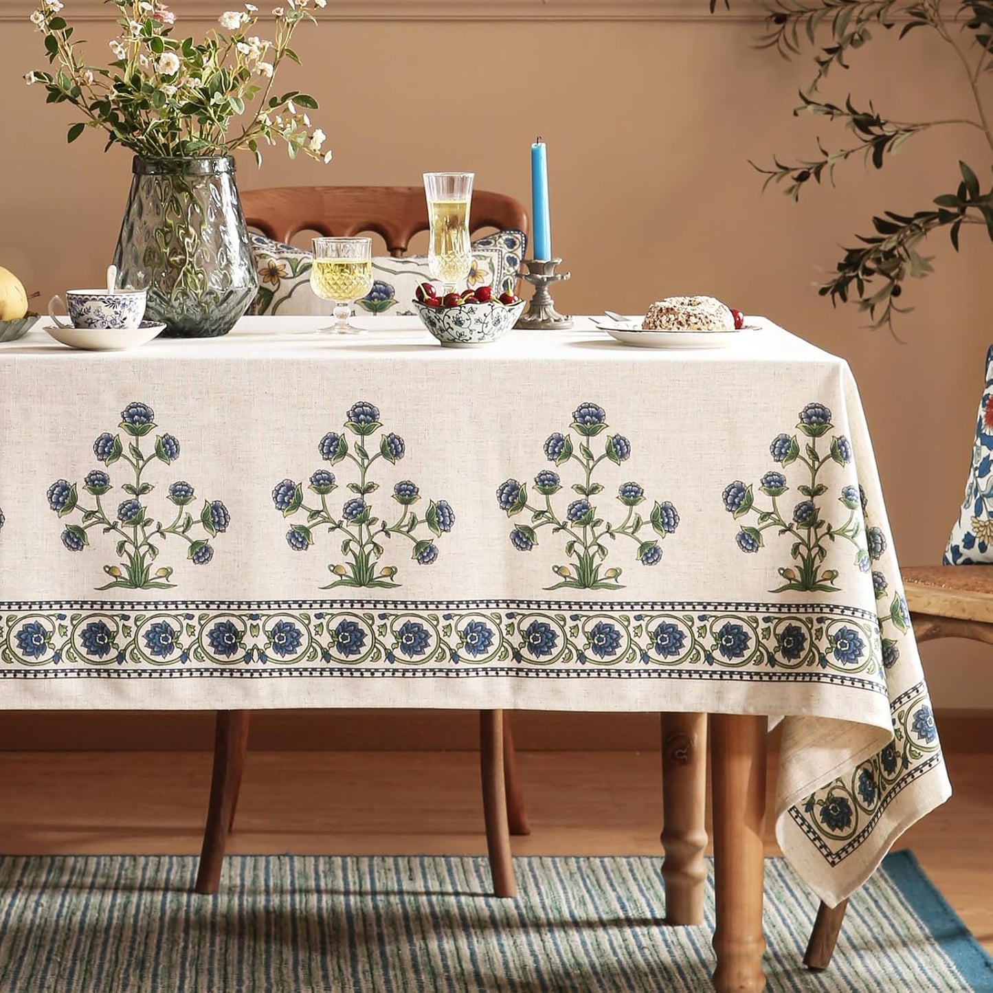 patdrea Designer Vintage Blue Rectangle Extra Long Tablecloth,Leaves Pattern Breathable Floral Table Cloth,French Table Cover for Kitchen Dining Christmas,Thanksgiving,Party,67"x118"-Ivar B