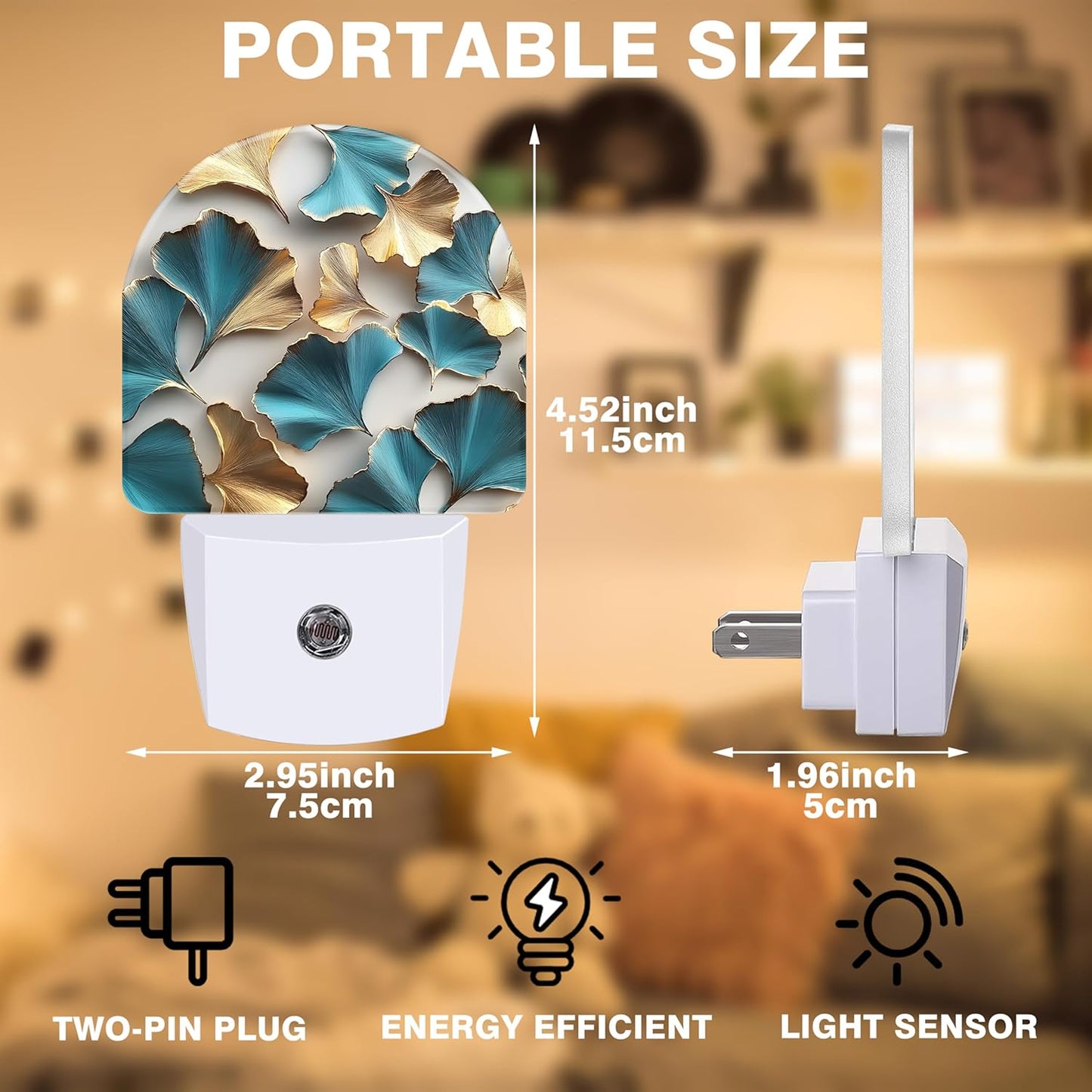 Night Light, Turquoise and Gold Ginkgo Leaves Night Lights Plug into Wall Dusk to Dawn Sensor Round Nightlight for Women Men Energy Efficient Led Lamp 0.5W for Stairway Hallway Bedroom