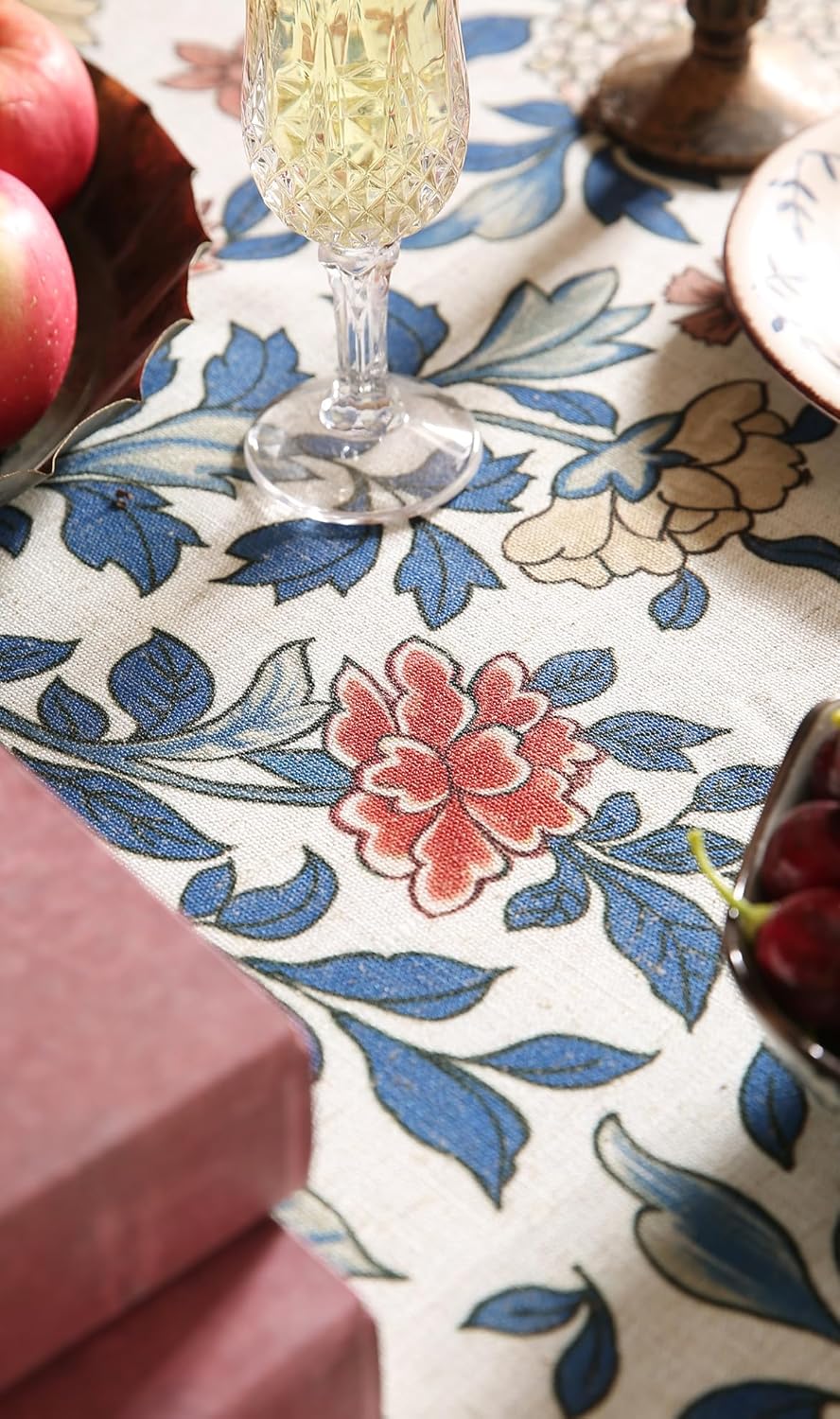 patdrea Designer Blue Tablecloth for Rectangle Table,Vintage Linen Leaves and Floral Pattern Extra Long Tablecloths,Floral Decor Cover for Kitchen Dining Christmas,Thanksgiving,67"x118"-Ivar a