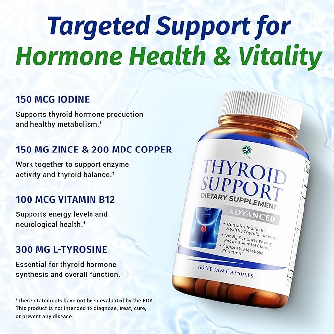 1 Body Thyroid Support Supplement with Iodine, B12, Zinc, Selenium, Ashwagandha, Non-GMO, Vegetarian, 30 Day Supply