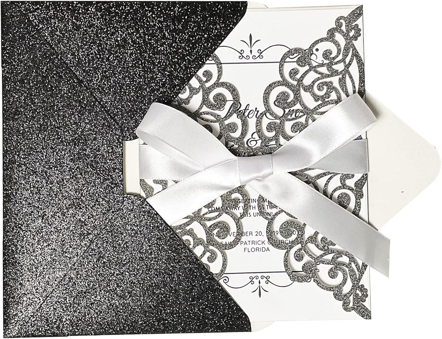 50Pcs Laser Cut Black Wedding Invitation With Glitter Envelopes And Ribbons Blank Personalized Card Invitaciones Para quinceañera Birthday Baby Shower Christmas Party Bridal Shower