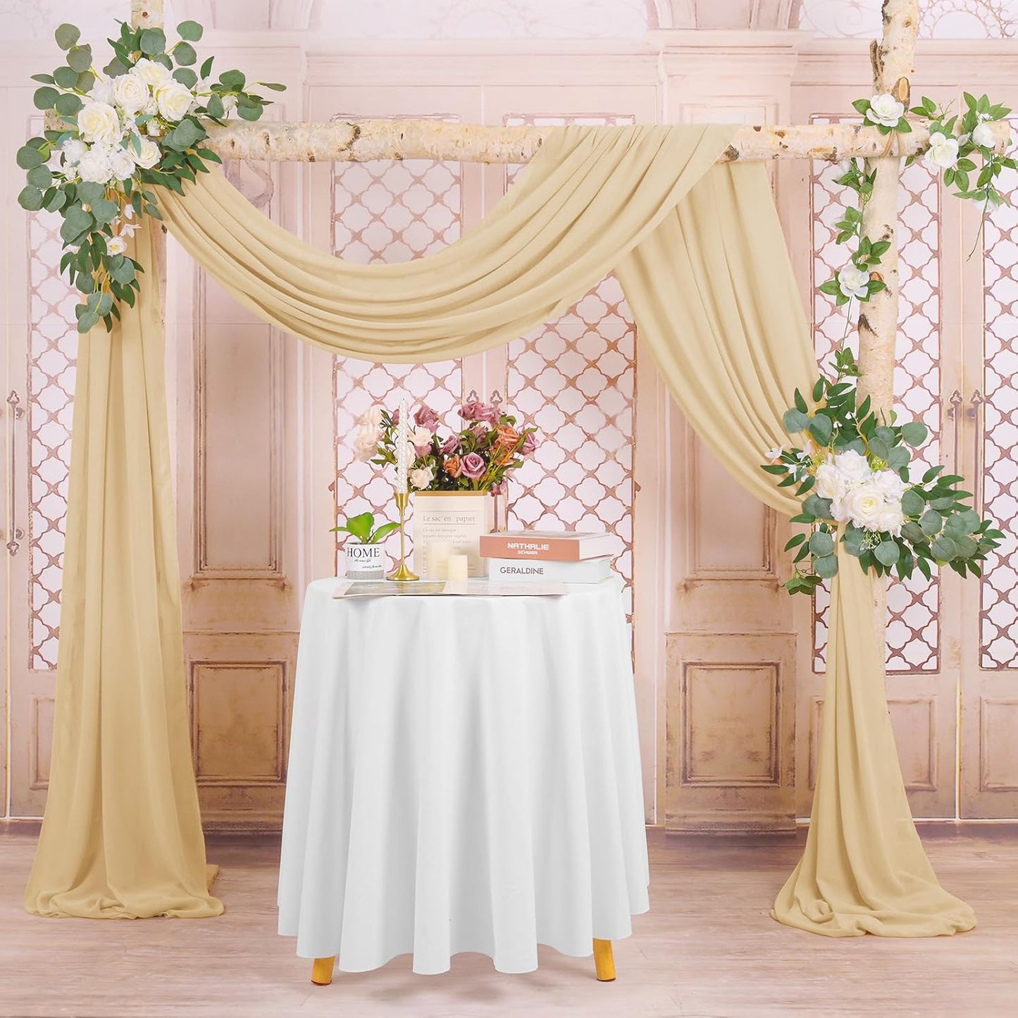 Wedding Arch Draping Fabric, 8 Panels 28" x 20ft Champagne Sheer Chiffon Curtain Drapes for Wedding Ceremony Reception Party Decoration