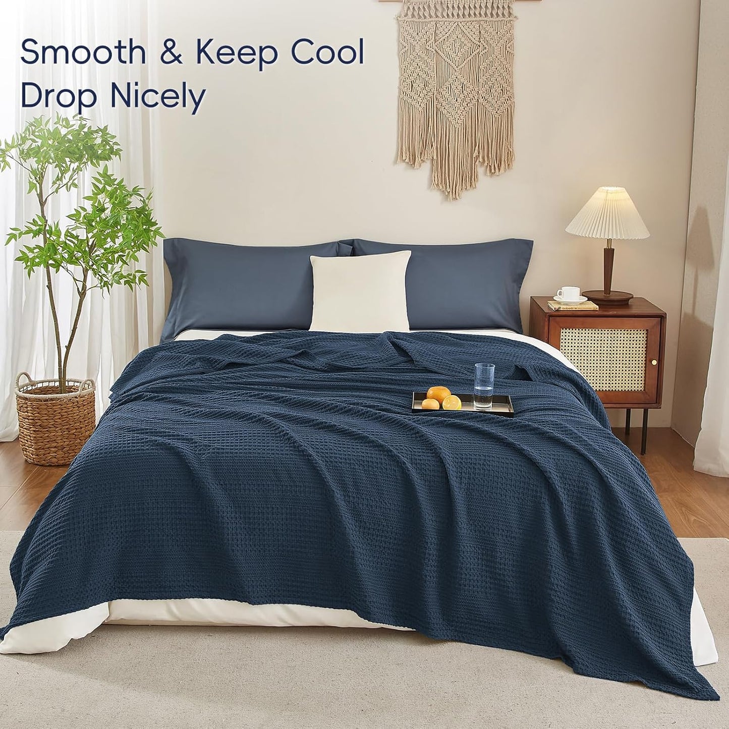 PHF Lightweight Waffle Weave Blanket Twin Size, Breathable & Ultra Soft, 66"x 90" Soft & Cozy Thin Blanket for All Season & Hot Sleepers, Bed, Home Decor - Navy Blue