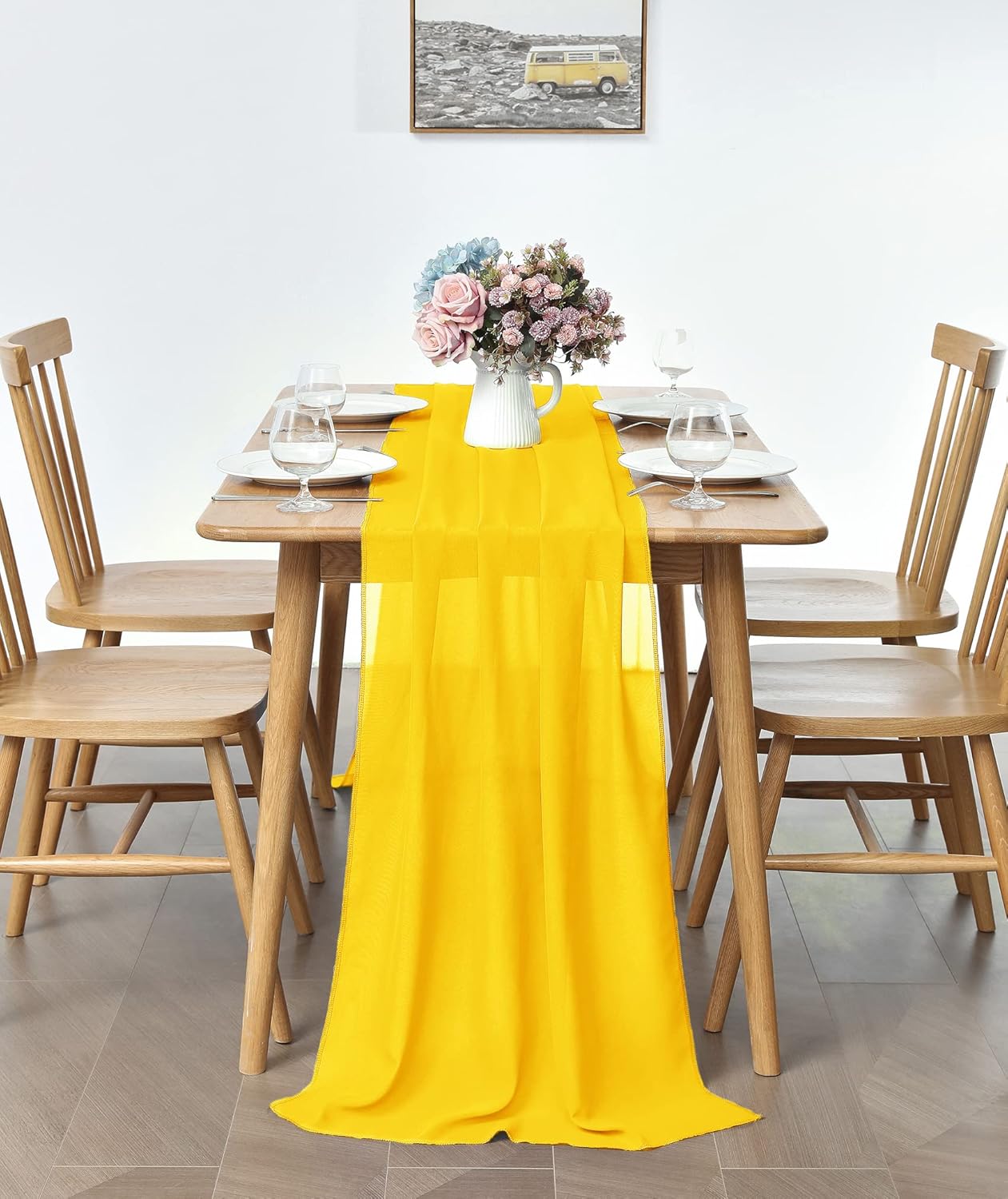 5 Pack 10Ft Chiffon Yellow Table Runner Sheer 29x120 Inch for Romantic Wedding Decor Bridal & Baby Shower Birthday Rustic Party Decoration