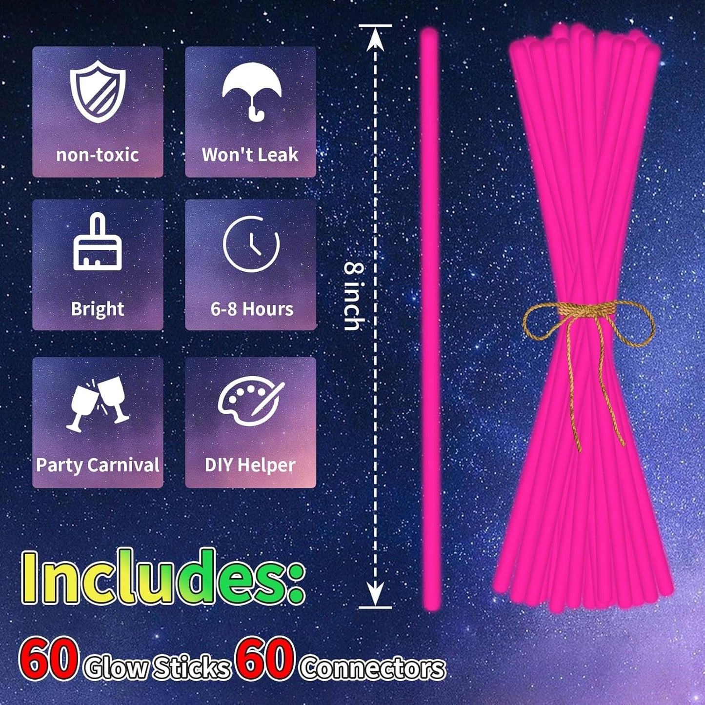 60 Pack 8” Pink Glow Sticks Bulk with 60 Connectors Neon Glow In The Dark Party favors Supplies for Holiday Birthday Party Decoration (Pink)