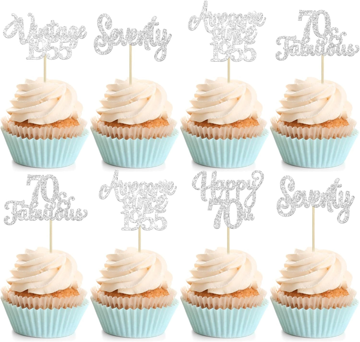 30Pcs Happy 70th Birthday Cupcake Toppers Glitter Seventy Vintage 1955 Cupcake Picks Cheers to 70 Fabulous Cake Decorations for 70th Birthday Wedding Anniversary Party Supplies Silver
