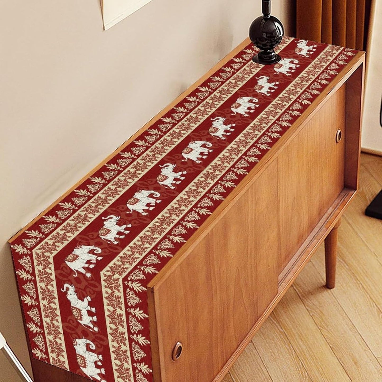 Boho Elephant Table Runner, Vintage Tribal Traditional African Animals Ethnic Folk Red Table Center Decor for Home Kitchen Dining Patio Holiday Party Indoor Outdoor Table Decorations, 13"x72" Inch