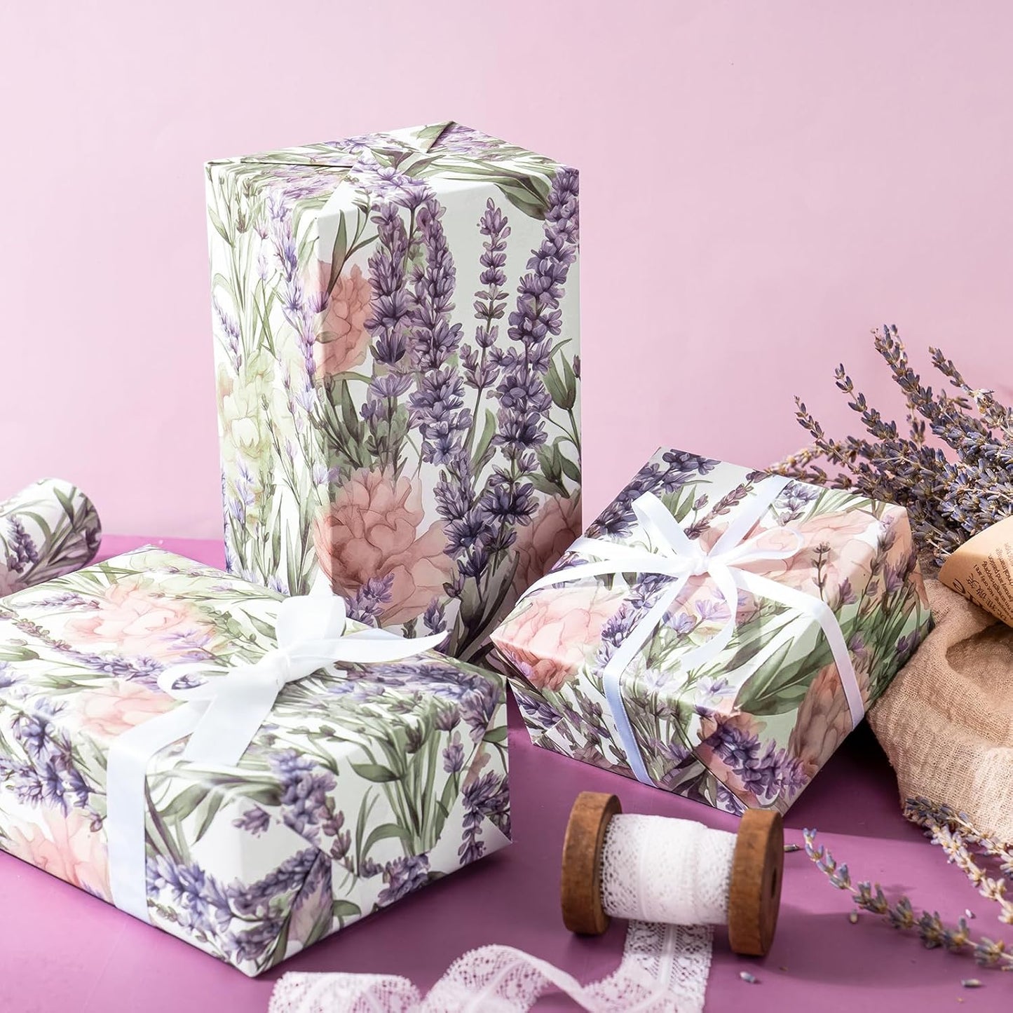 WRAPAHOLIC Floral Wrapping Paper Roll - Mini Roll - 17 Inch x 9.8 Feet - Lavender Flower Wrapping Paper, Perfect for Girls Women Birthday, Wedding, Bridal Shower