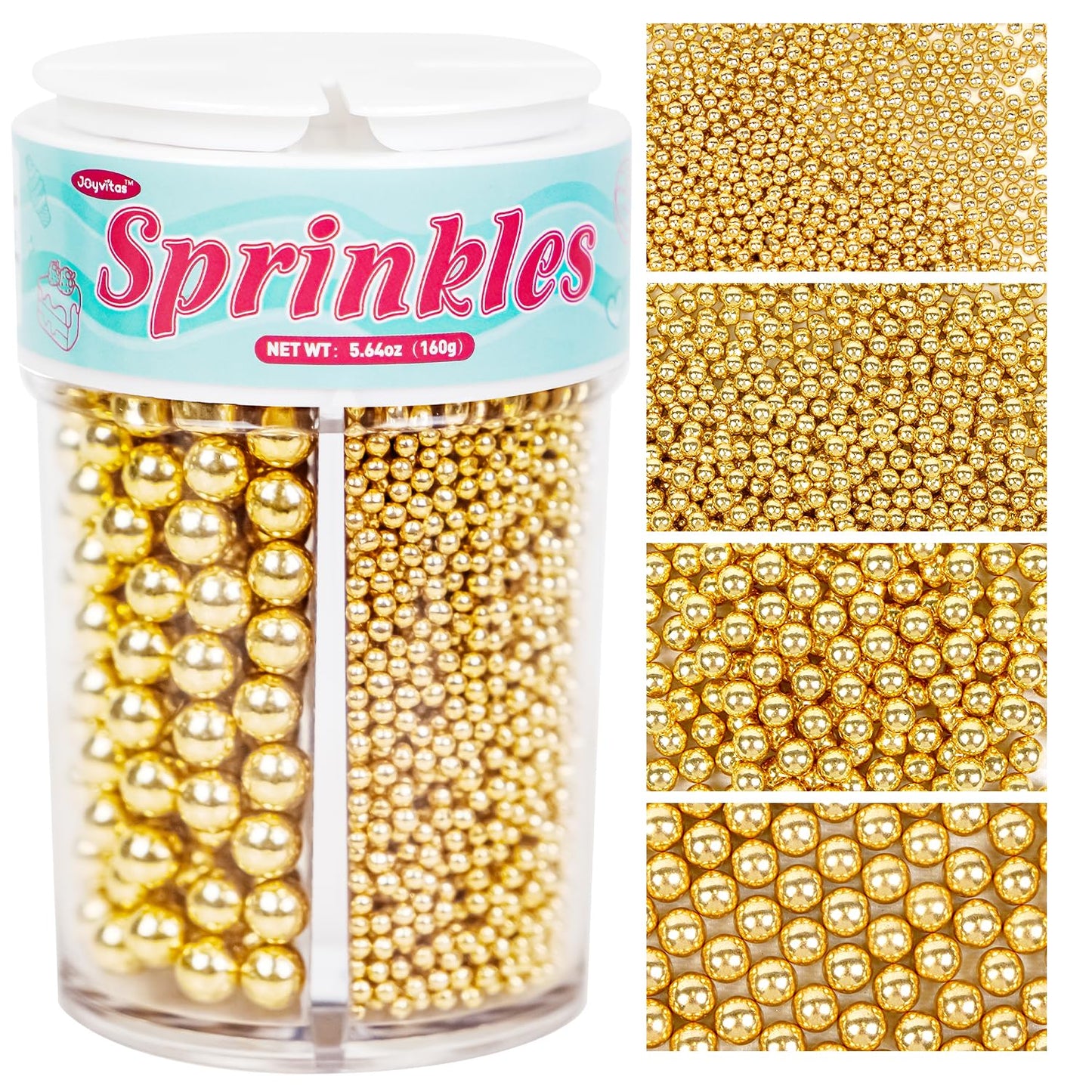 Gold Edible Sugar Pearl Sprinkles for Cake Decorating, Candy Pearls Sprinkles for Cupcake, Cookie, Baking Cake Decorations, 4 sizes, 160g/5.64oz, Holiday, Wedding Party, Christmas Supplies