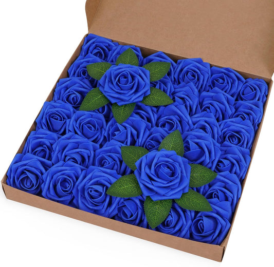 BLEUM CADE 36Pcs Artificial Flowers Fake Roses with Stems, Royal Blue Boxed Foam Roses for DIY Bouquets Centerpieces Wedding Party Arrangement Bridal Shower Decor