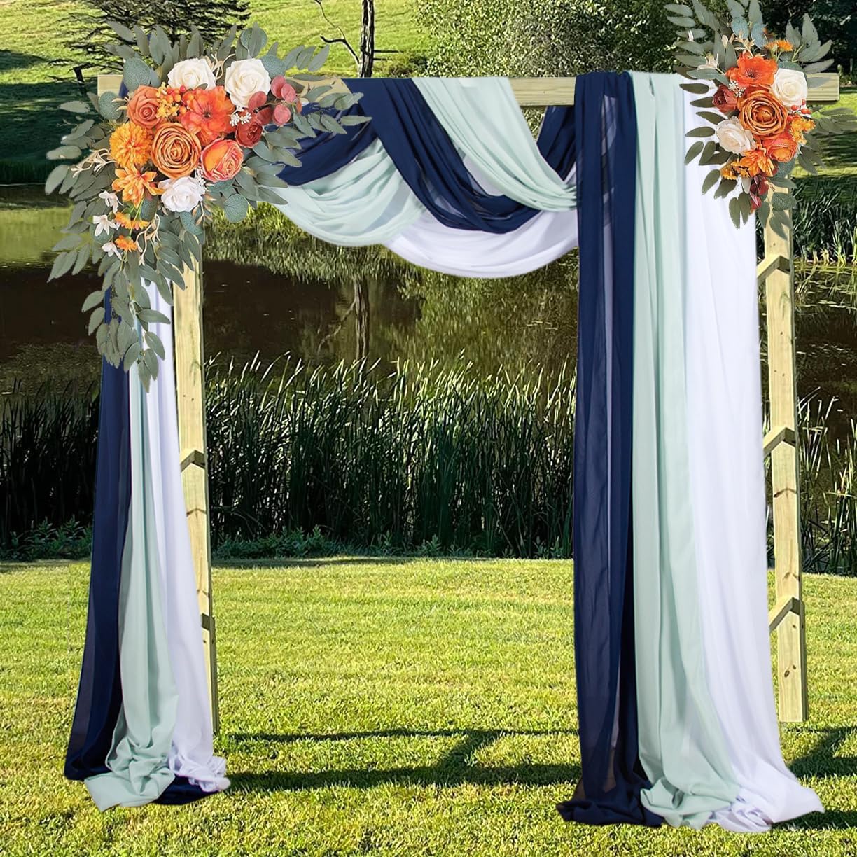 3 Panels 20Ft Chiffon Wedding Arch Drapes Navy Sheer Ceiling Drapes Romance Coast Atmospher Wedding Arch Draping Fabric Arbor Drapery Wedding Anniversary Decorations (White+Aqua+Navy)