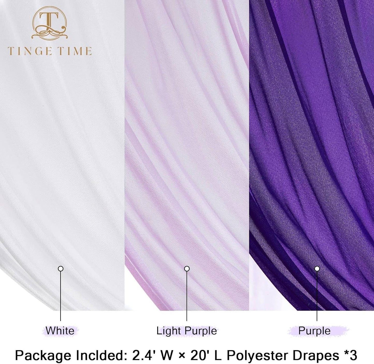 TINGE TIME 3 Panels Wedding Arch Draping Fabric, 30" x 20ft Gradient Purple Chiffon Fabric Wedding Arch Drapery Sheer Backdrop Curtain for Weddings Ceremony Party Decoration Bridal Show Reception